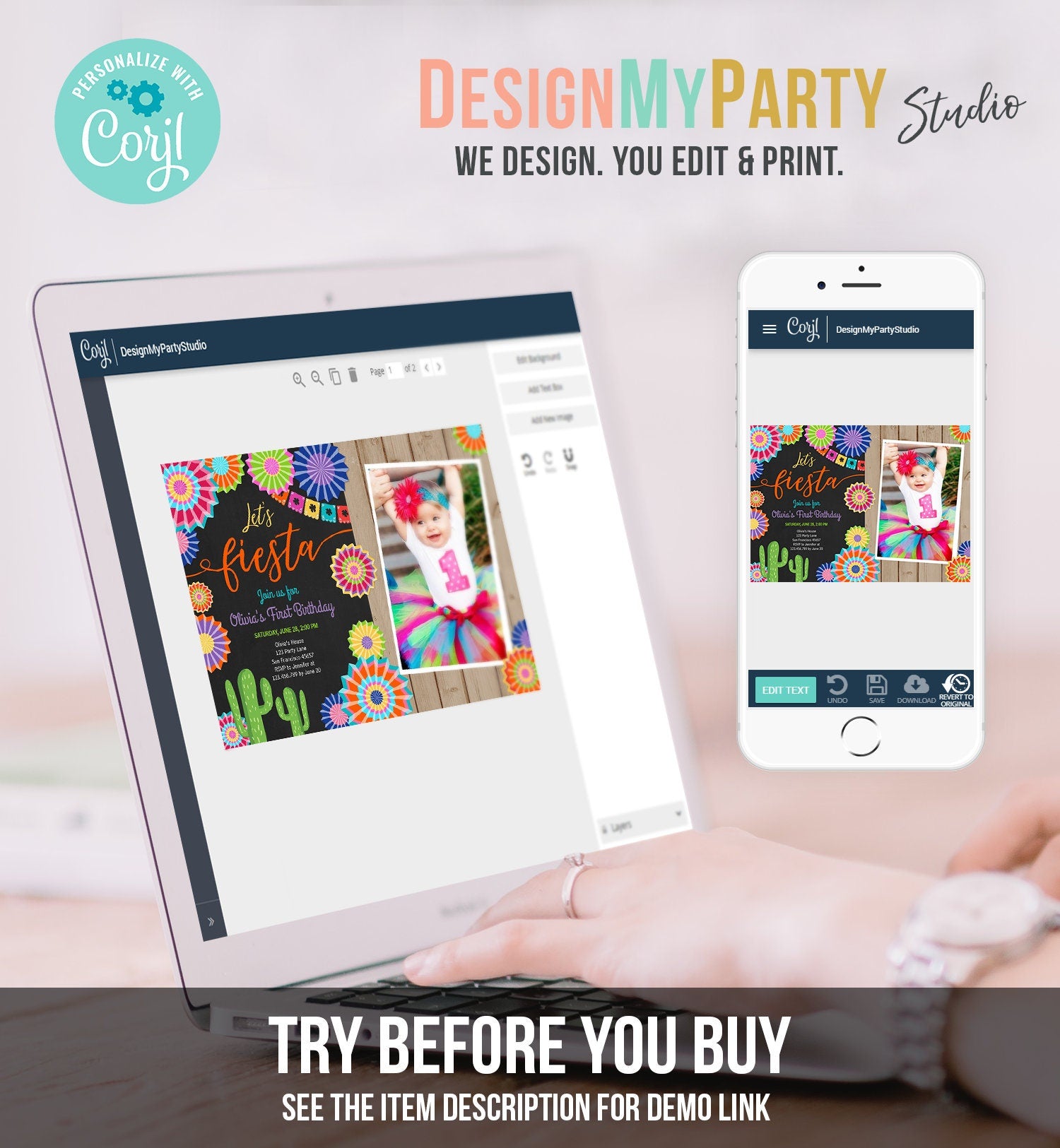 Editable Let's Fiesta Birthday Invitation ANY AGE Girl First Birthday Uno Cactus Cinco Mayo Mexican Download Corjl Template Printable 0236