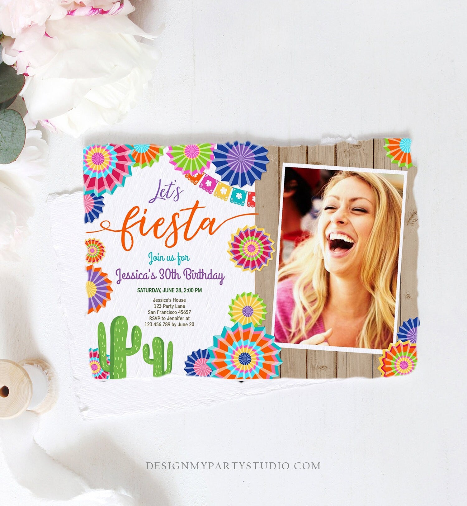 Editable Let's Fiesta Birthday Invitation ANY AGE Girl Woman Adult 30th Cactus Cinco Mayo Mexican Party Photo Corjl Template Printable 0236