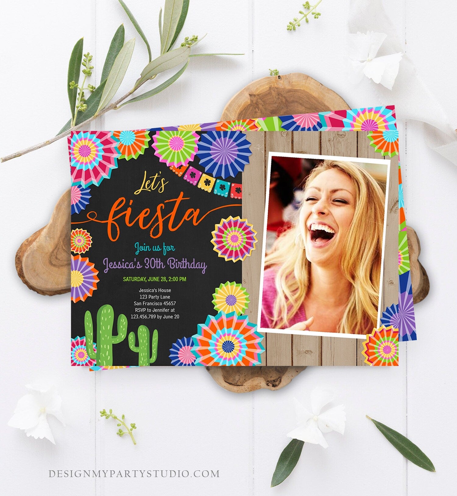 Editable Let's Fiesta Birthday Invitation ANY AGE Girl Woman Adult 30th Cactus Cinco Mayo Mexican Party Photo Corjl Template Printable 0236