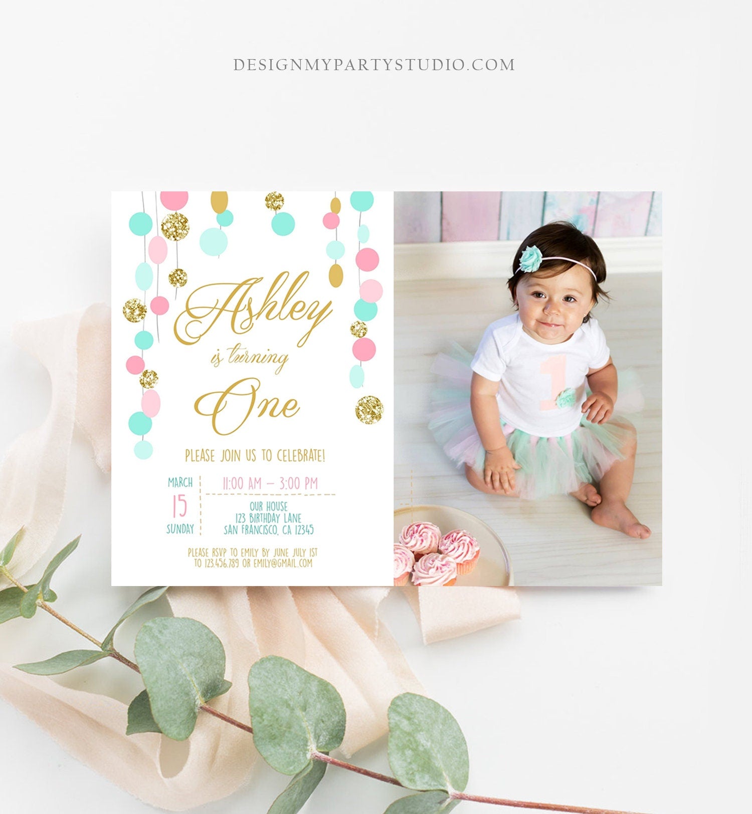 Editable Birthday Invitation Girl Confetti Pink Mint Gold First Birthday 1st Birthday Simple Printable Invite Template Corjl Digital 0245