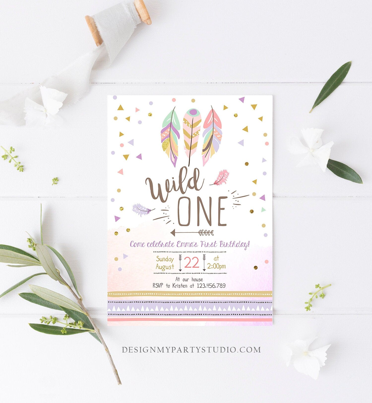 Editable Birthday Invitation Wild One Girl Invite Tribal Boho Arrow Feathers Pink Purple Download Printable Template Digital Corjl 0073