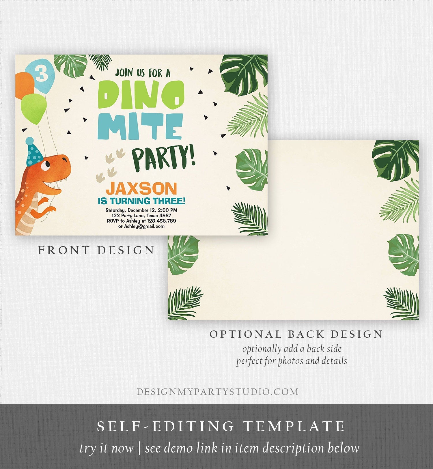 Editable Dinosaur Birthday Invitation Dino mite T-Rex Dig Party Prehistoric Boy Dino Fossil Download Printable Invite Template Corjl 0074