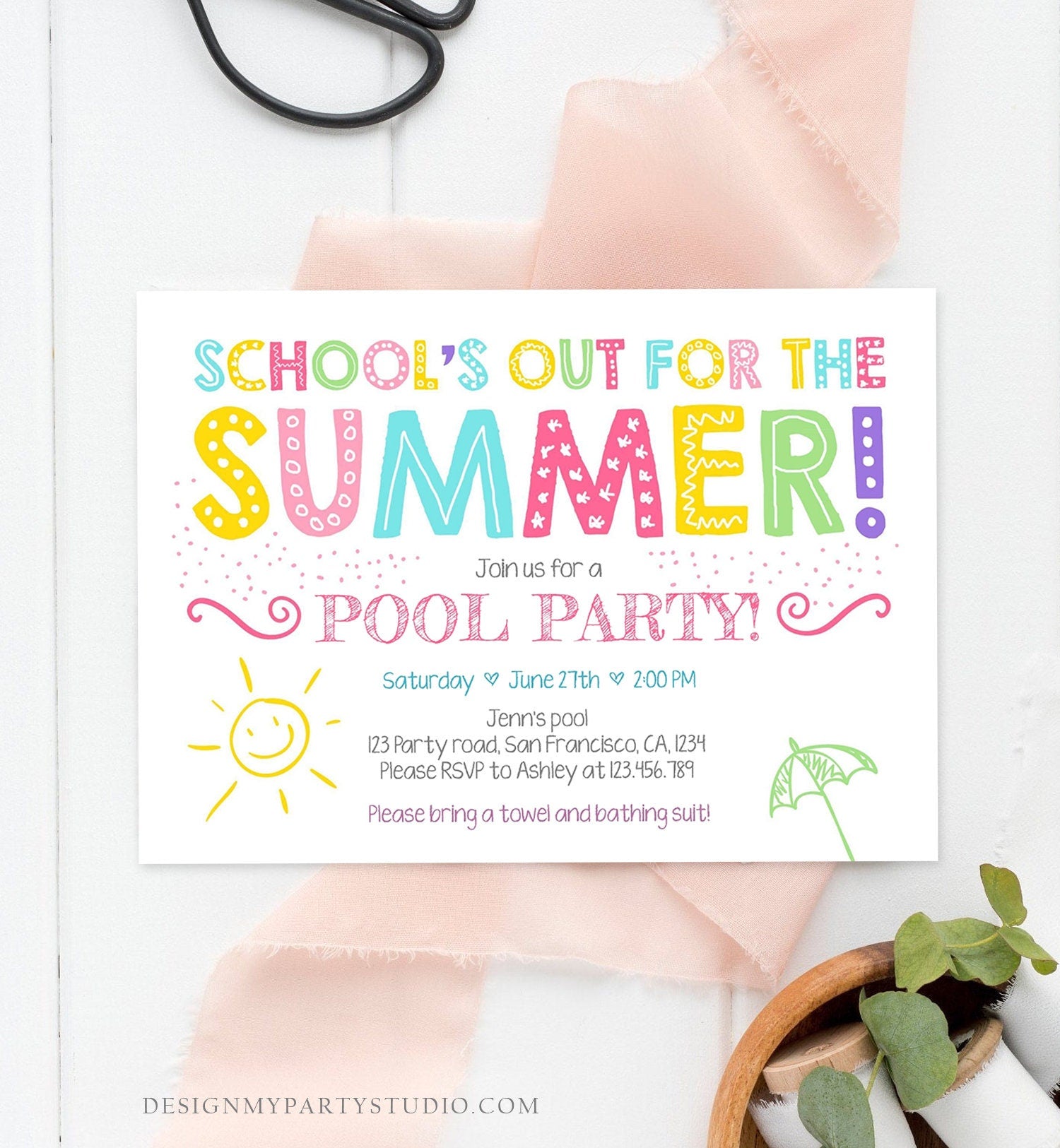Editable School's Out For The Summer Pool Party Invitation Pink Girl Splish Splash Birthday Swimming Download Corjl Template Printable 0156