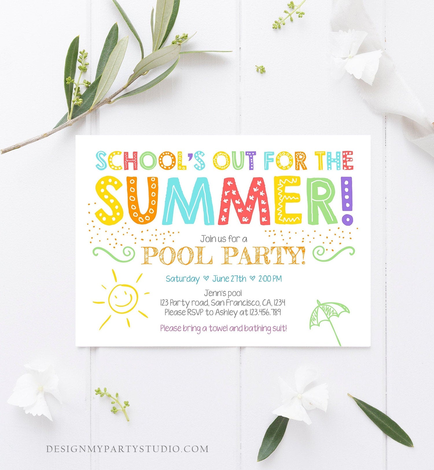 Editable School's Out For The Summer Pool Party Invitation Pink Girl Splish Splash Birthday Swimming Download Corjl Template Printable 0156