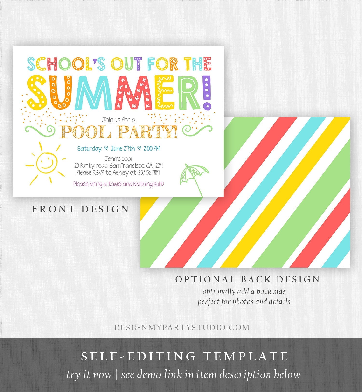 Editable School's Out For The Summer Pool Party Invitation Pink Girl Splish Splash Birthday Swimming Download Corjl Template Printable 0156