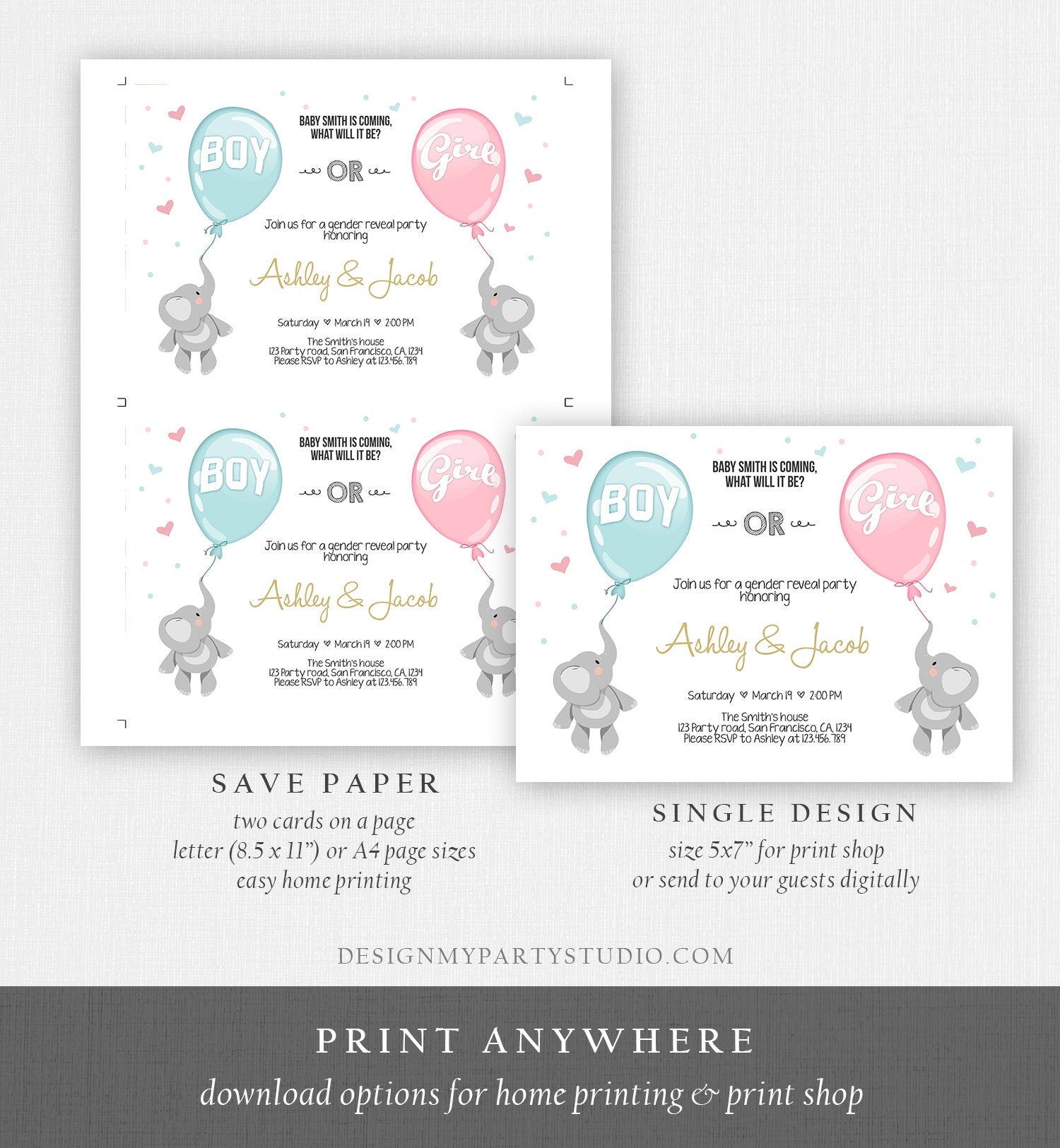 Editable Gender Reveal Invitation Elephants Boy or Girl Blue or Pink He or She Cute Elephant Hearts Download Printable Template Corjl 0037