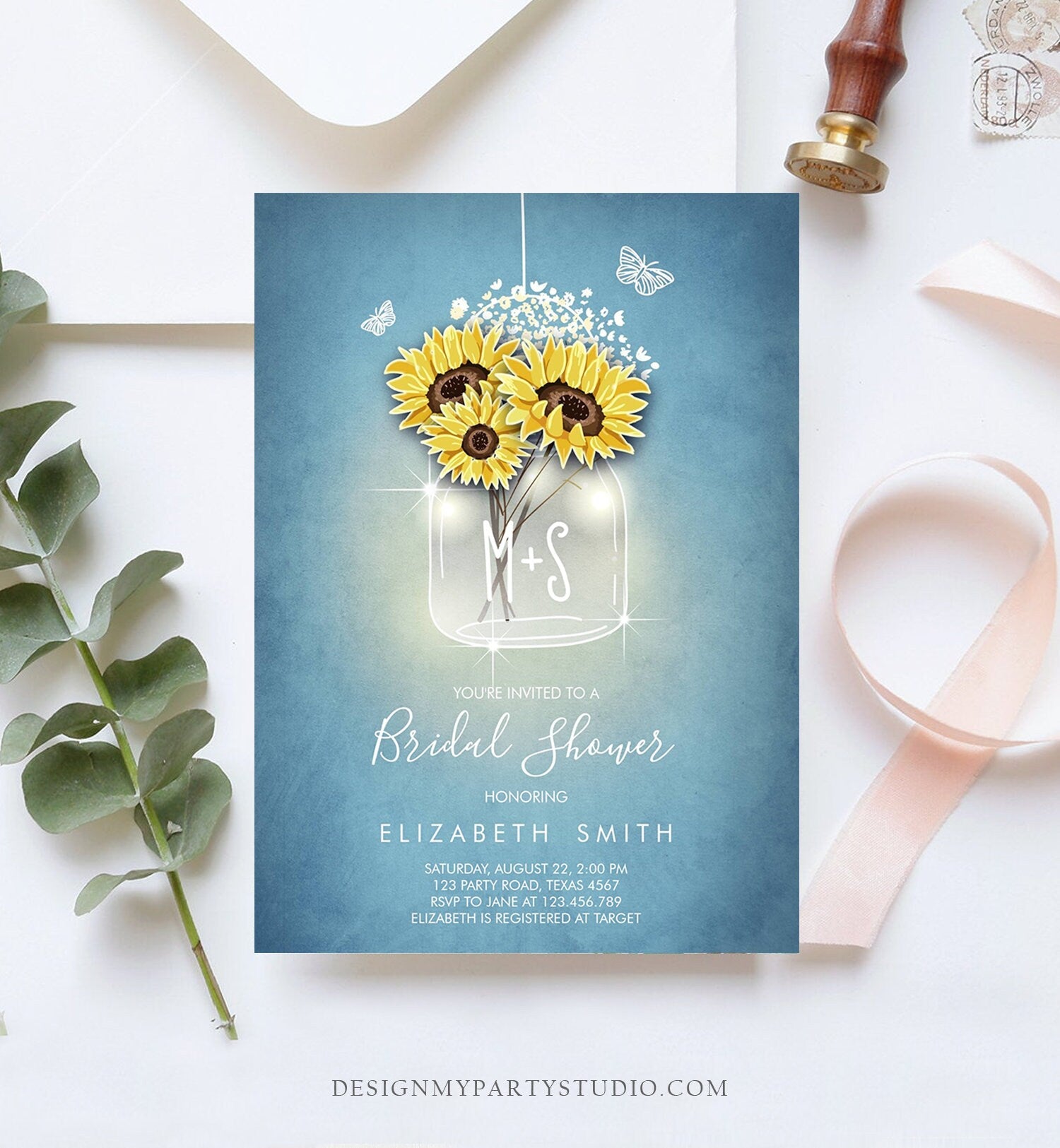 Editable Sunflowers Bridal Shower Invitation Rustic Sunflower Mason Jar Blue Spring Butterfly Download Printable Template Corjl Digital 0116