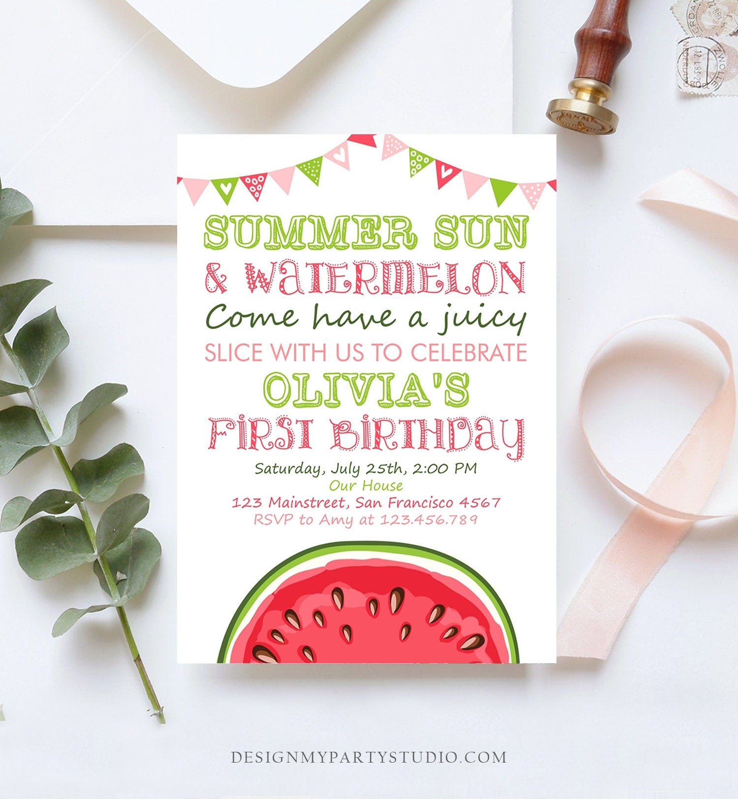 Editable Watermelon Birthday Invitation Girl One in a Melon Invite Melon Party Summer Fruit Instant Download Printable Template Corjl 0251