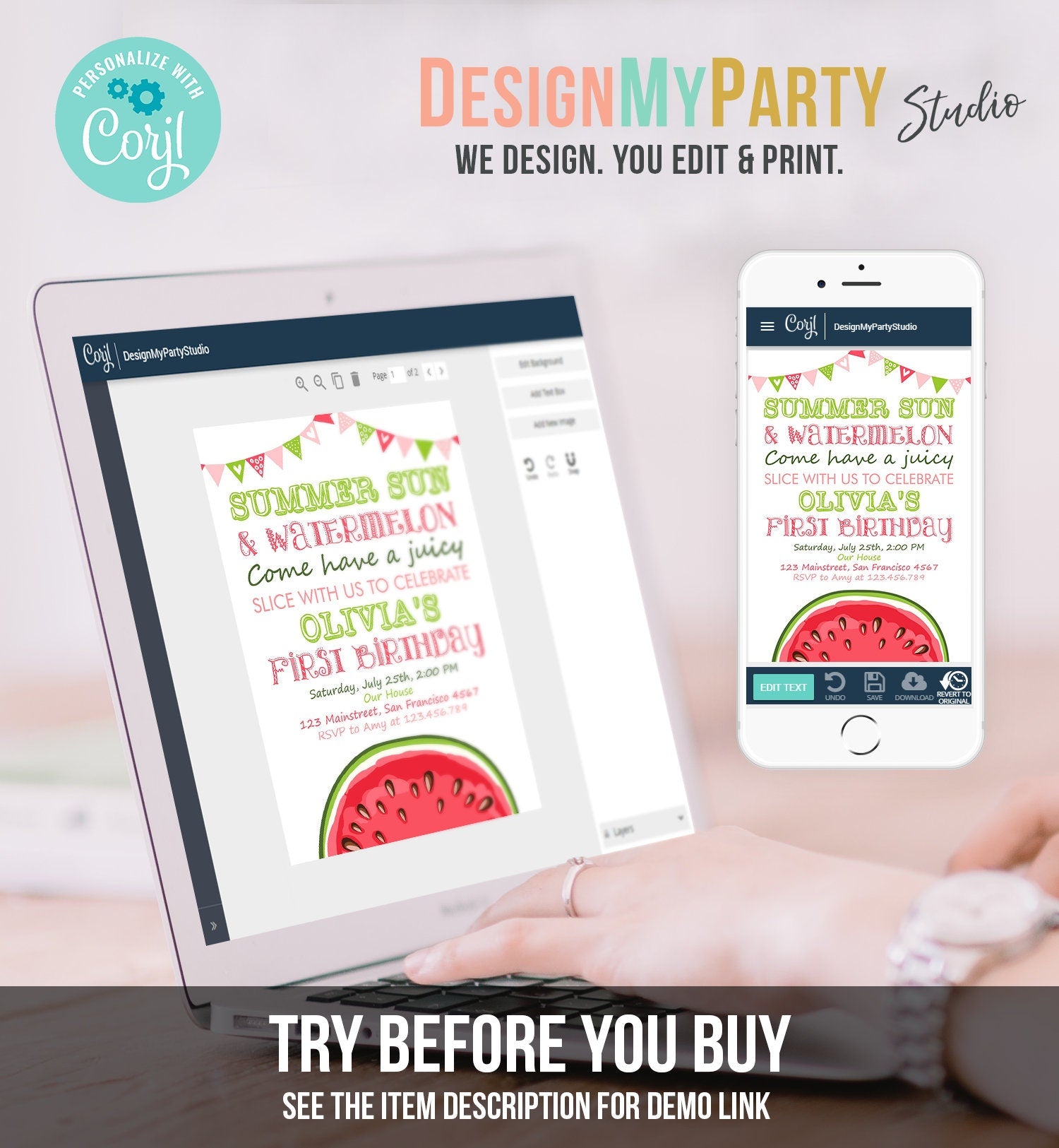Editable Watermelon Birthday Invitation Girl One in a Melon Invite Melon Party Summer Fruit Instant Download Printable Template Corjl 0251