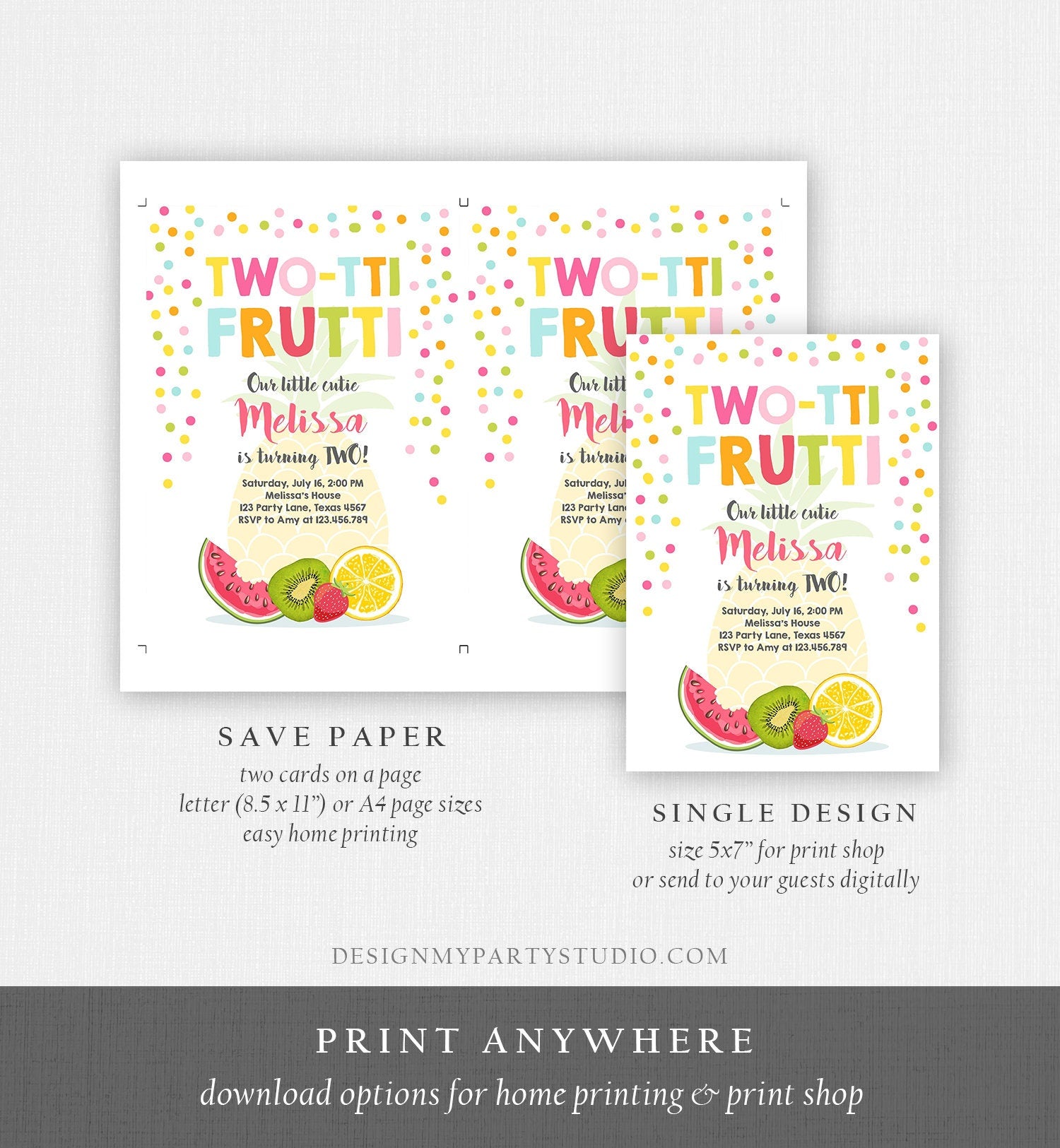 Editable Two-tti Frutti Second Birthday Invitation 2nd Party Fruit Pineapple Orange Melon Tutti Frutti Digital Download Corjl Template 0205