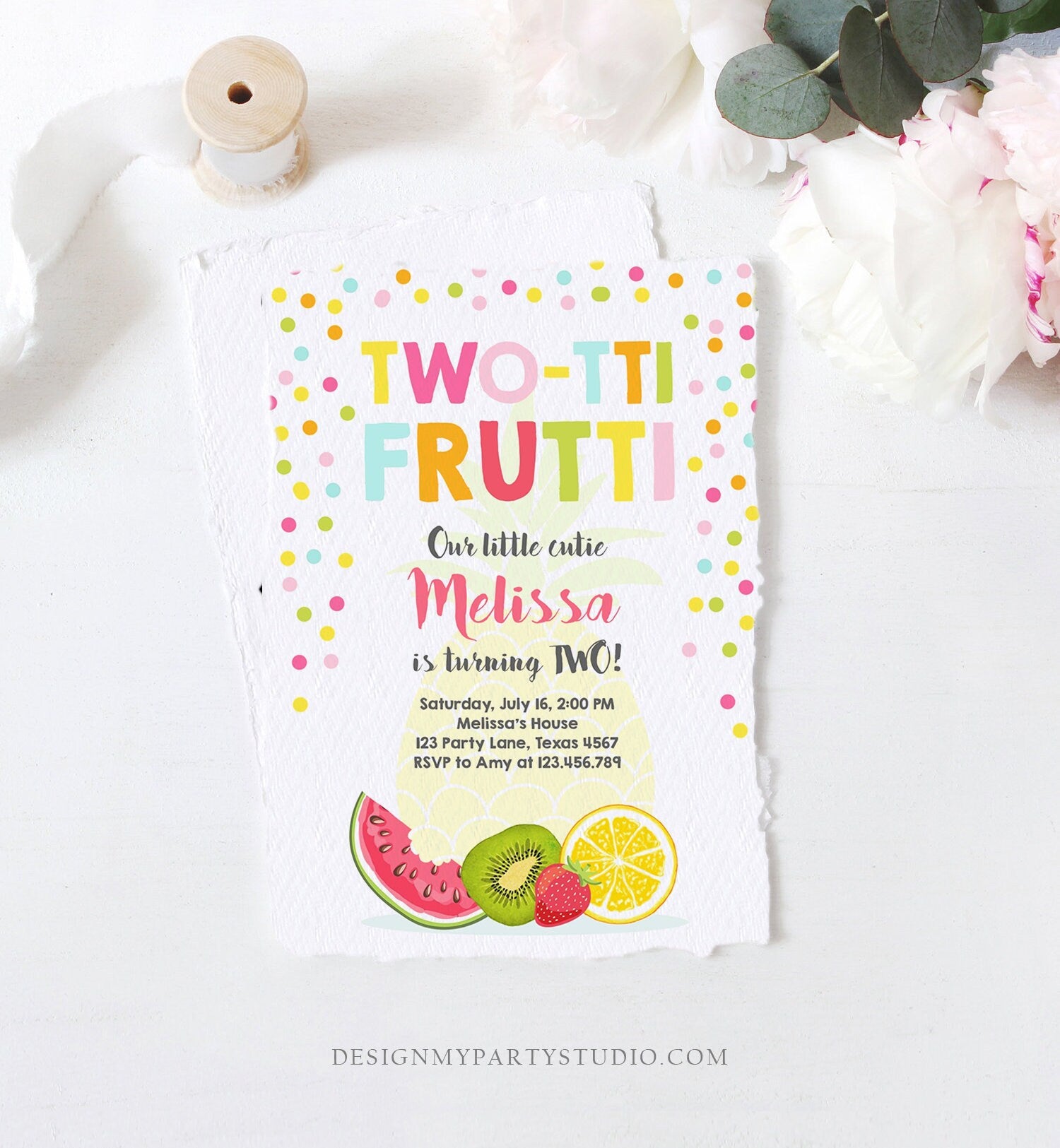 Editable Two-tti Frutti Second Birthday Invitation 2nd Party Fruit Pineapple Orange Melon Tutti Frutti Digital Download Corjl Template 0205