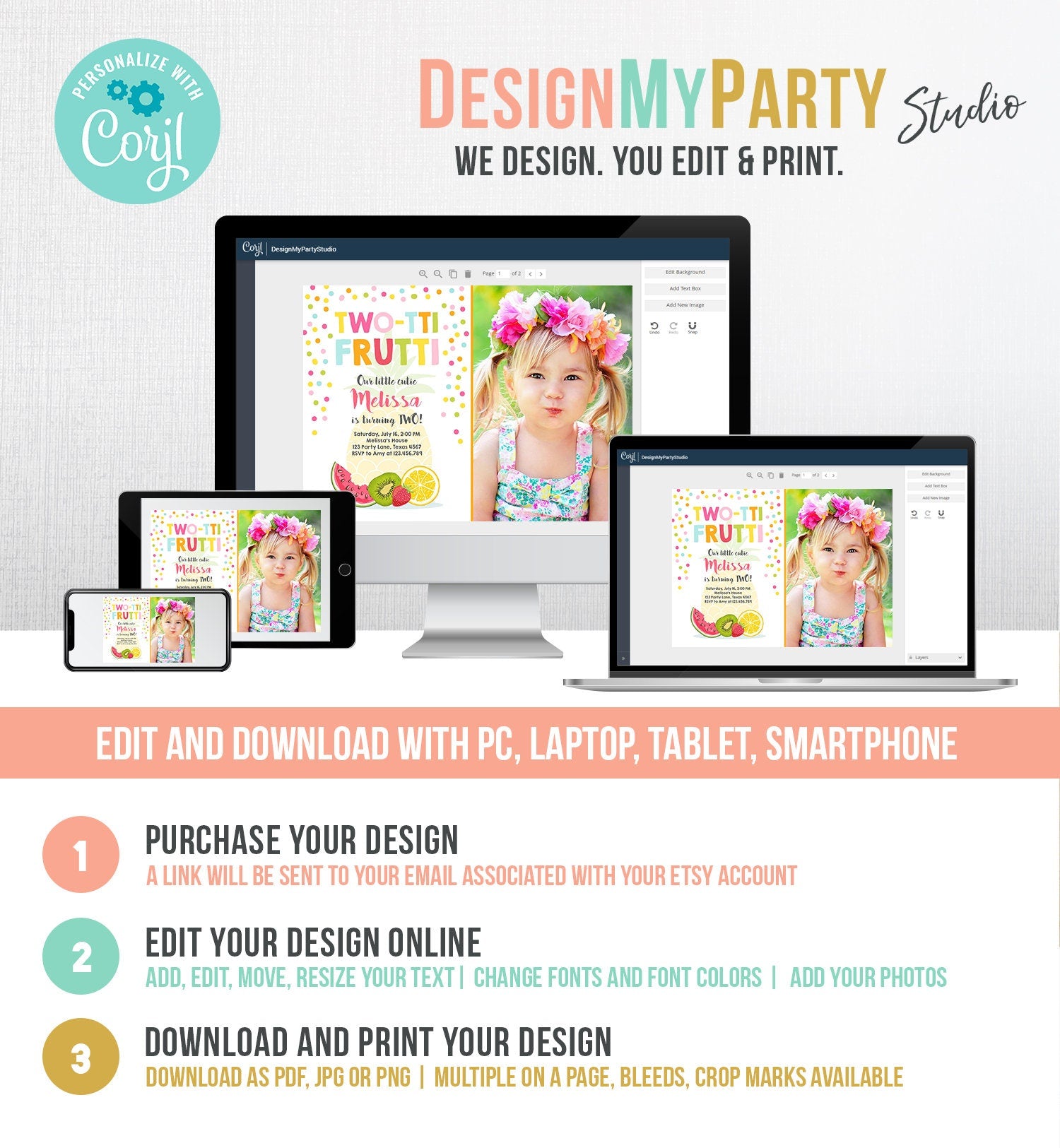 Editable Two-tti Frutti Second Birthday Invitation 2nd Party Fruit Pineapple Orange Melon Tutti Frutti Digital Download Corjl Template 0205