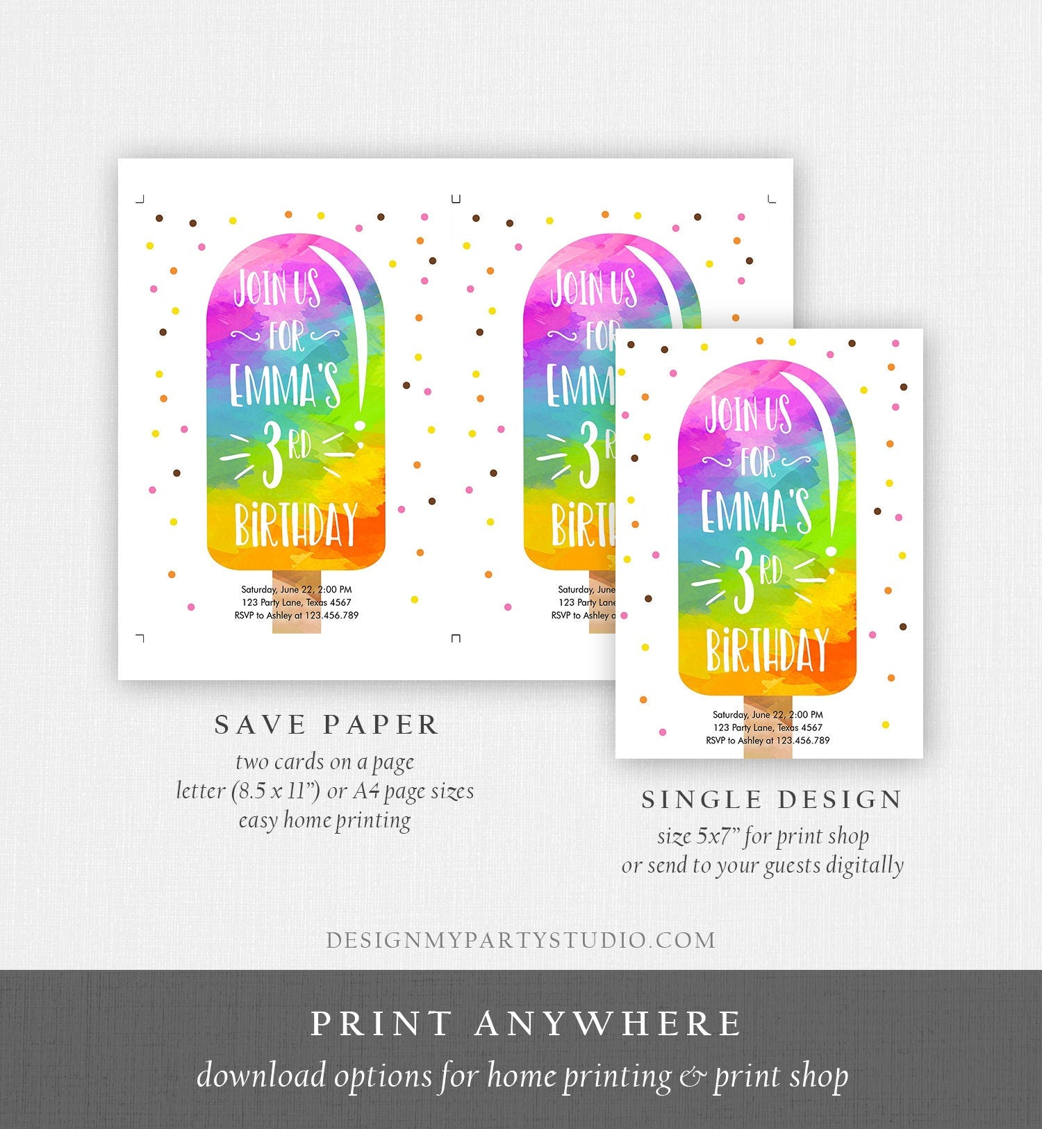 Editable Popsicle Birthday Invitation Summer Pool Party Popsicle Party Ice Cream Party Watercolor Download Printable Template Corjl 0143