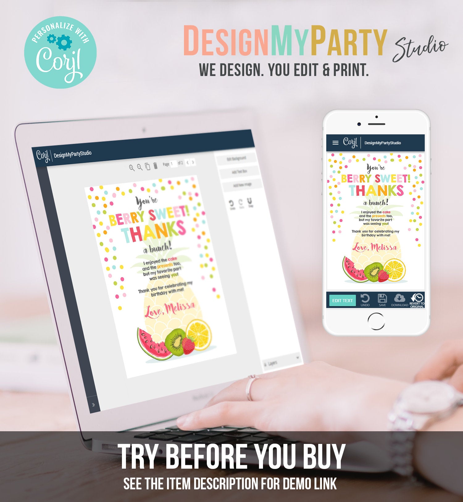 Editable Fruit Thank You Card Two-tti Frutti Party Birthday Pineapple Melon Orange Tutti Frutti Download Printable Corjl Template 0205