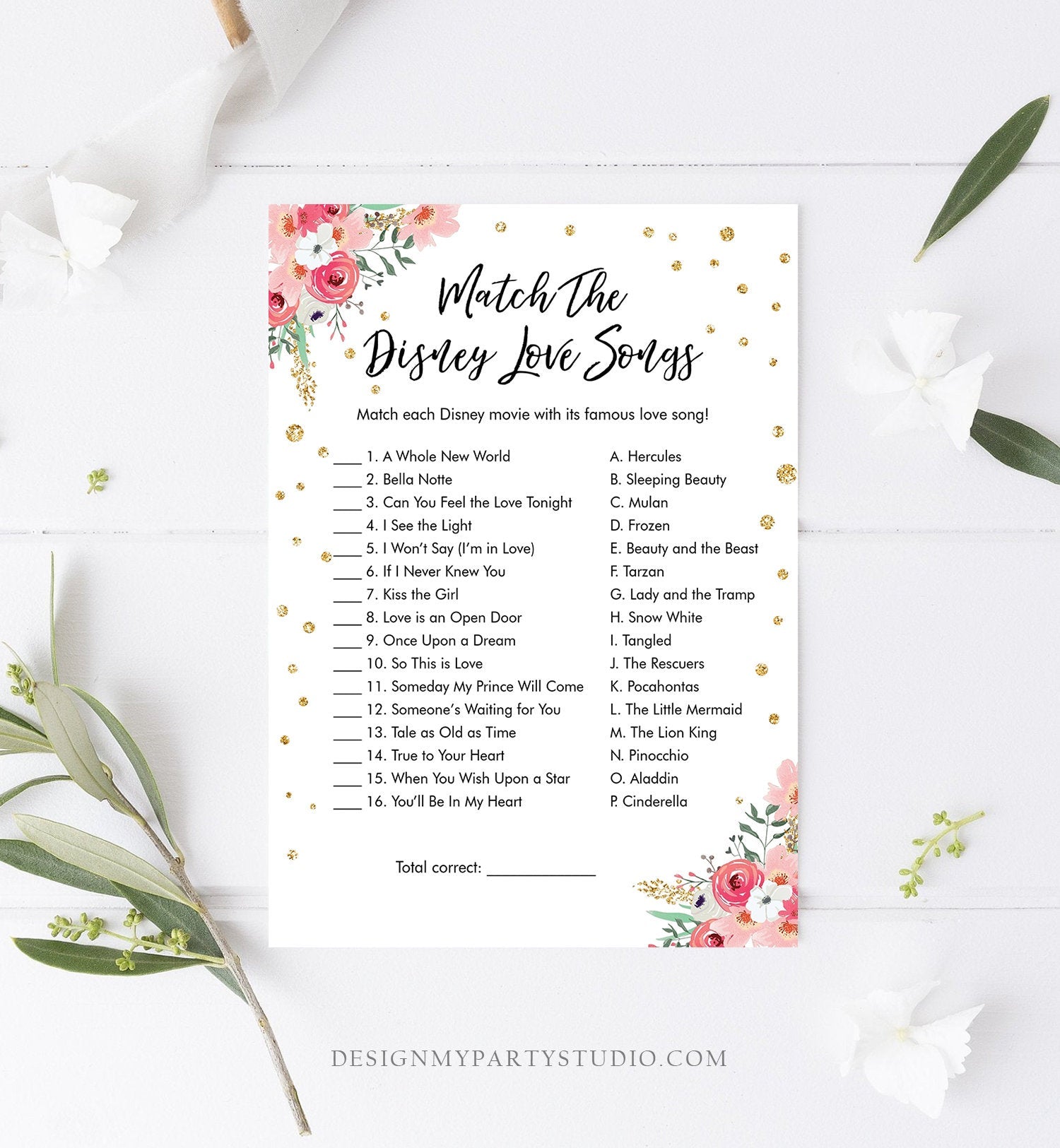 Editable Disney Love Quotes Bridal Shower Game Match Disney Love Songs Wedding Shower Activity Bachelorette Corjl Printable 0030 0318