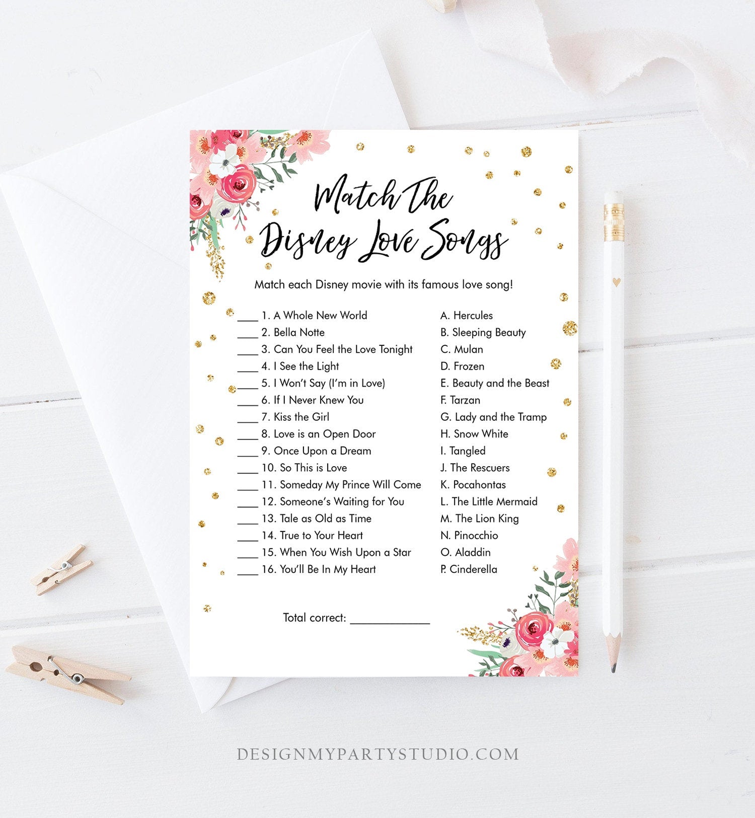 Editable Disney Love Quotes Bridal Shower Game Match Disney Love Songs Wedding Shower Activity Bachelorette Corjl Printable 0030 0318