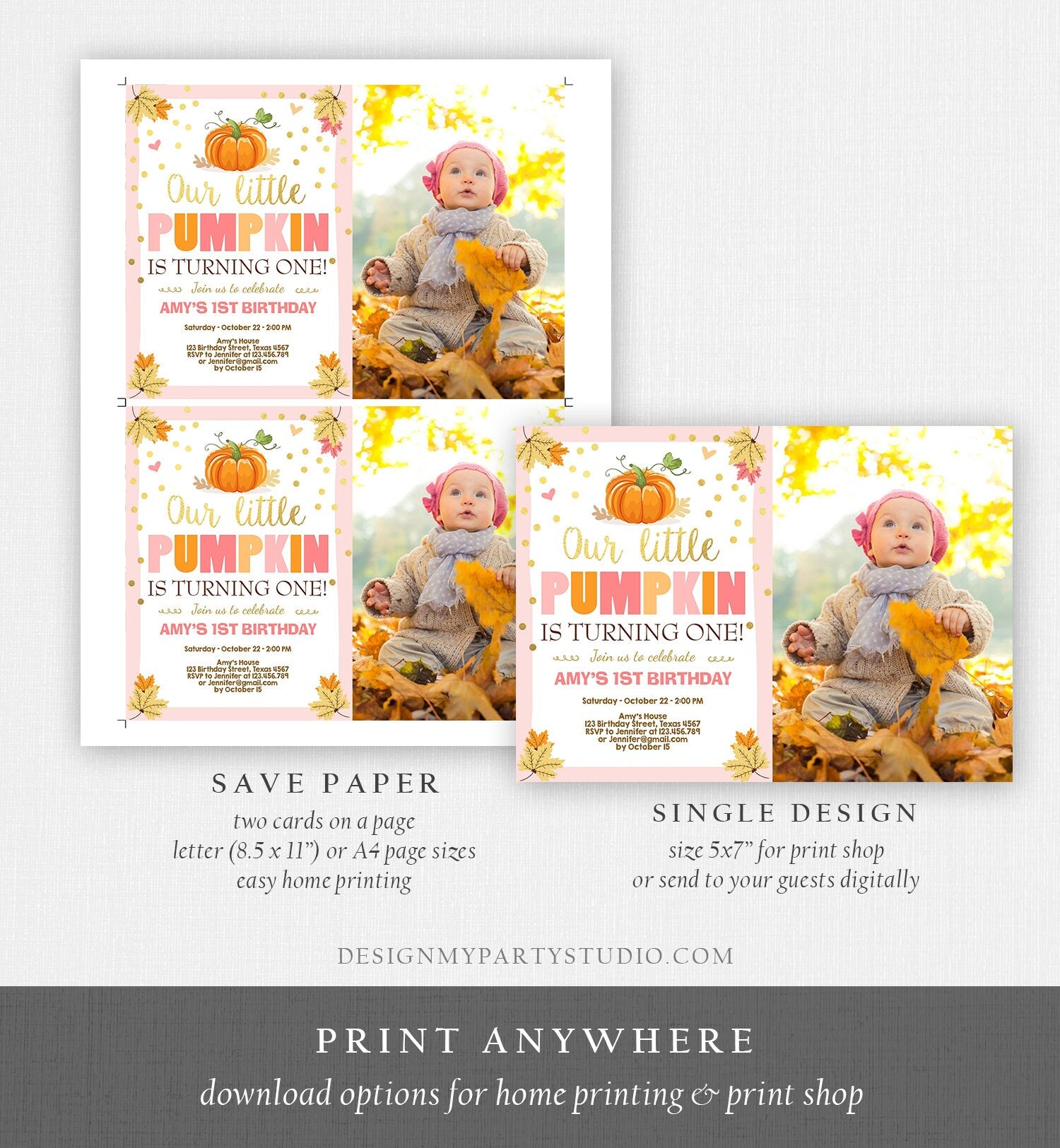 Editable Little Pumpkin Birthday Invitation Girl Pink Gold Pumpkin Party 1st Fall Autumn Party Download Printable Template Corjl 0055