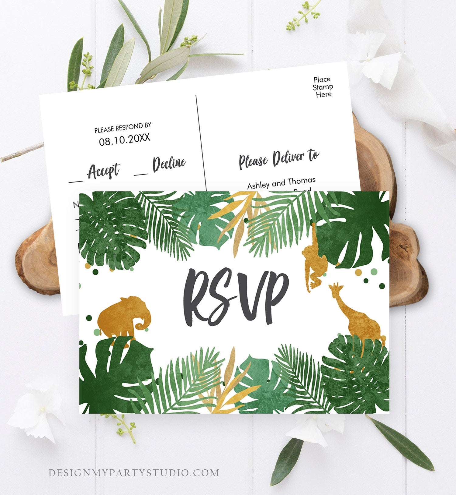 Editable RSVP Card Safari Animals Wild One Boy Birthday Party Jungle Wild Animals Black Gold Response Postcard Corjl Template Printable 0016