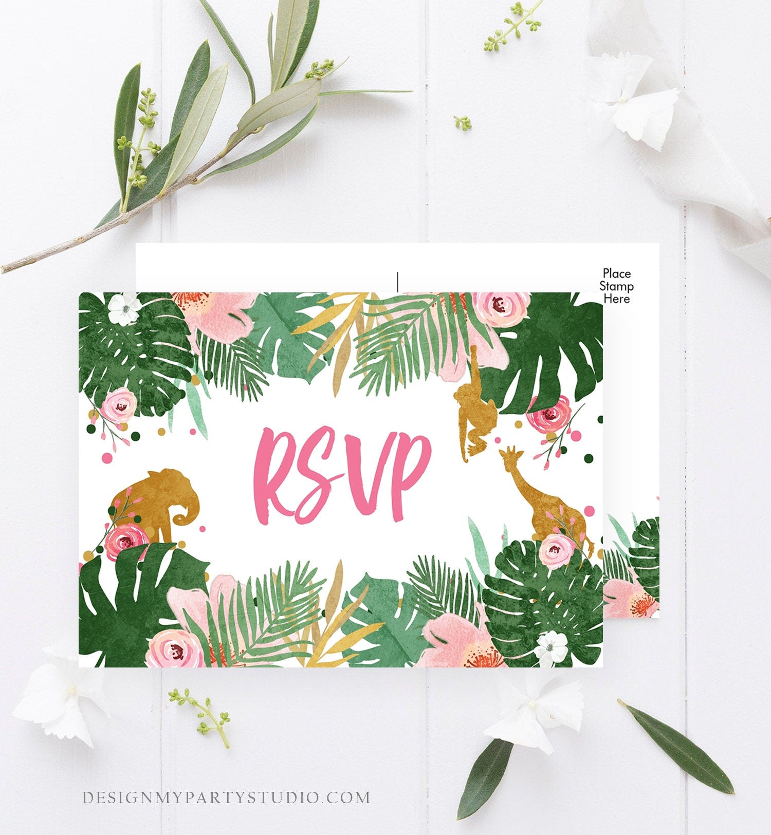 Editable RSVP Card Safari Animals Wild One Girl Birthday Party Jungle Wild Animals Pink Gold Response Postcard Corjl Template Printable 0016