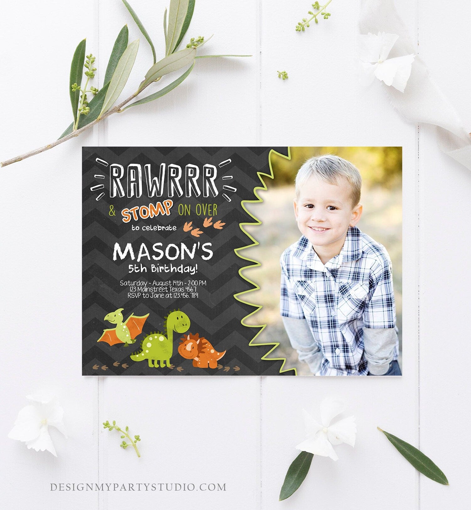 Editable Dinosaur Birthday Invitation Dino Dig Party Prehistoric Boy Chalk T-Rex Photo Rawr Roar Digital Download Printable Template Corjl