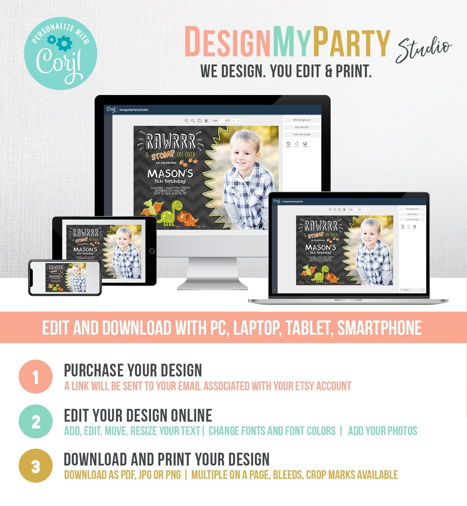 Editable Dinosaur Birthday Invitation Dino Dig Party Prehistoric Boy Chalk T-Rex Photo Rawr Roar Digital Download Printable Template Corjl