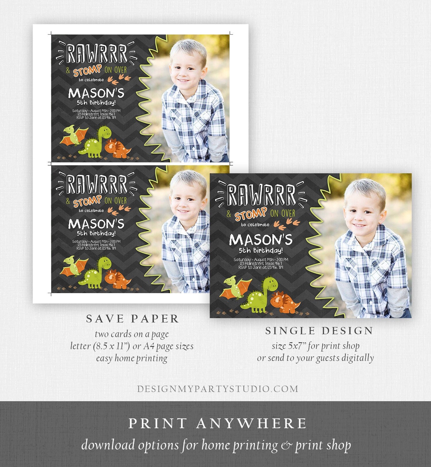Editable Dinosaur Birthday Invitation Dino Dig Party Prehistoric Boy Chalk T-Rex Photo Rawr Roar Digital Download Printable Template Corjl