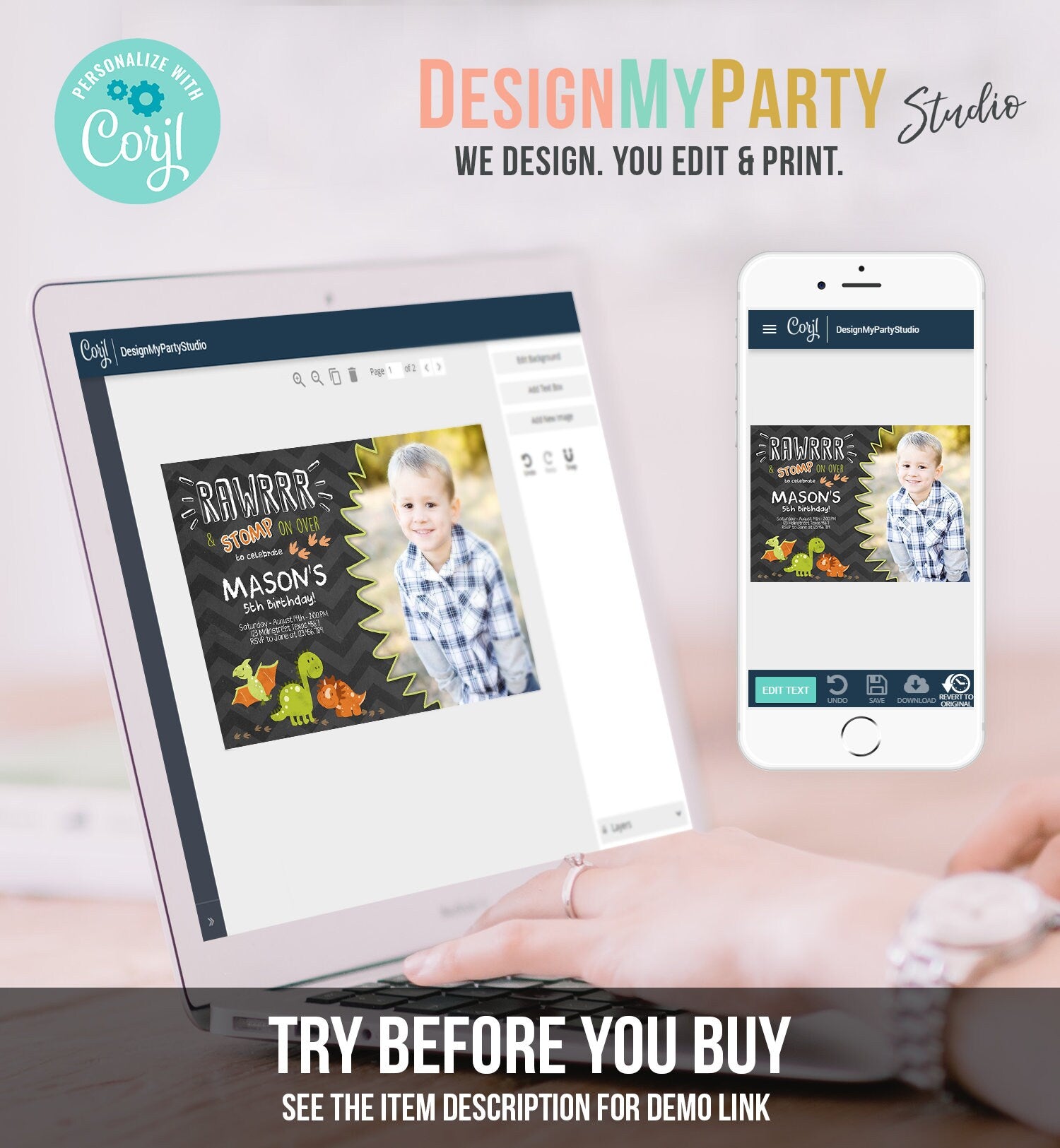 Editable Dinosaur Birthday Invitation Dino Dig Party Prehistoric Boy Chalk T-Rex Photo Rawr Roar Digital Download Printable Template Corjl