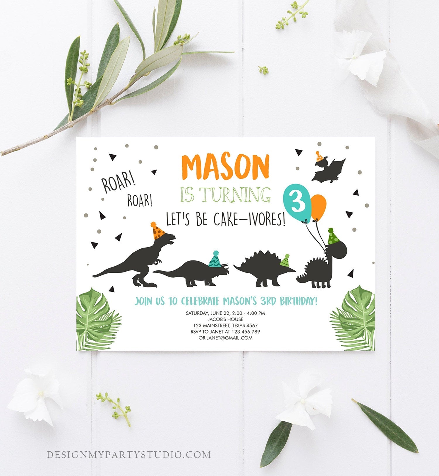 Editable Dinosaur Birthday Invitation Dinosaur Party Hats Dig Party Cakeivores Dino Boy 1st Download Printable Template Corjl Digital