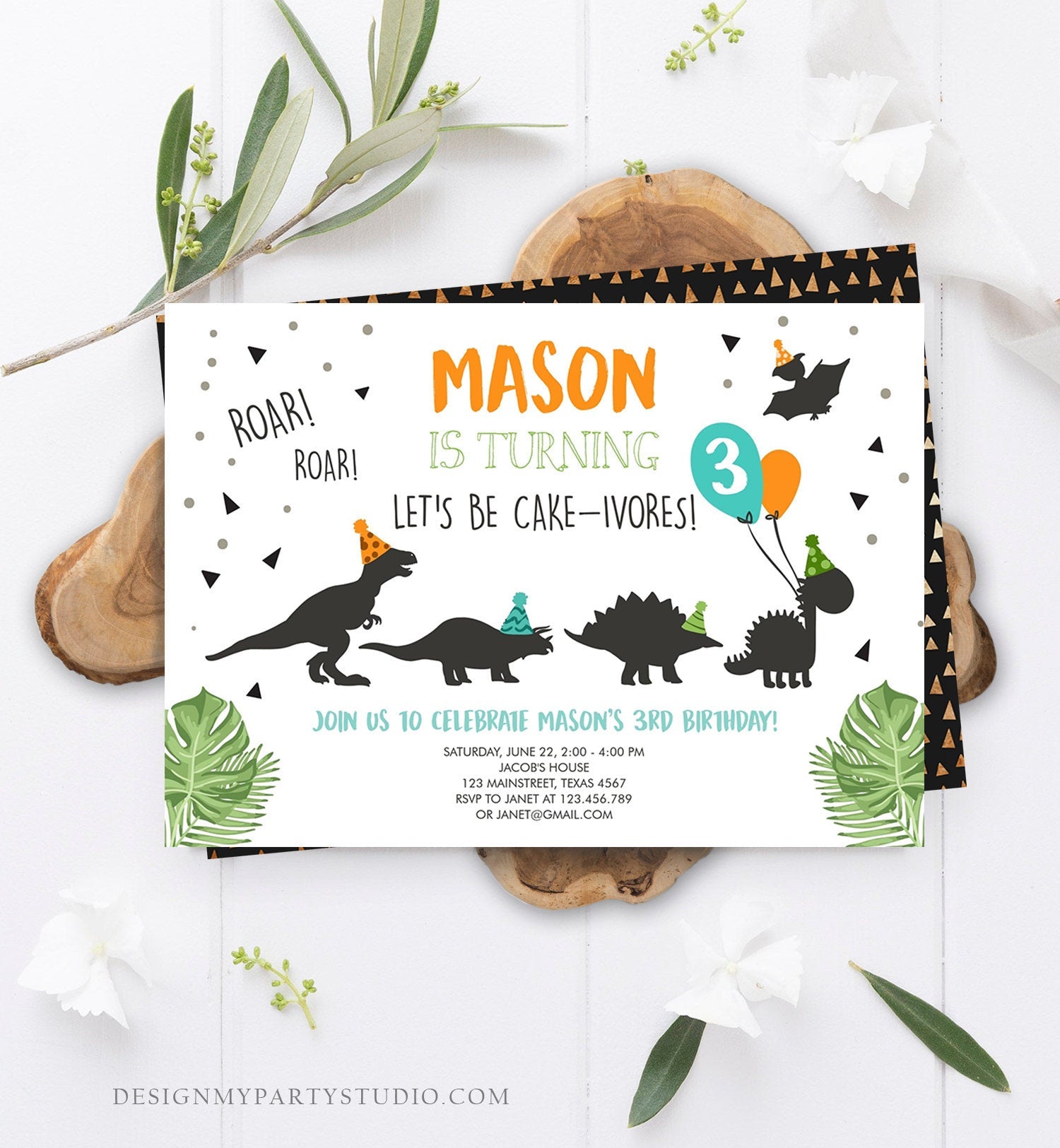 Editable Dinosaur Birthday Invitation Dinosaur Party Hats Dig Party Cakeivores Dino Boy 1st Download Printable Template Corjl Digital