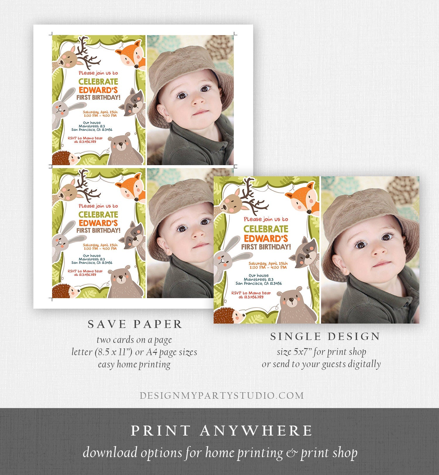 Editable Woodland Birthday Invitation Forest Animals Boy Birthday Bear Forest Wild One Fox Deer Download Printable Template Corjl 0084