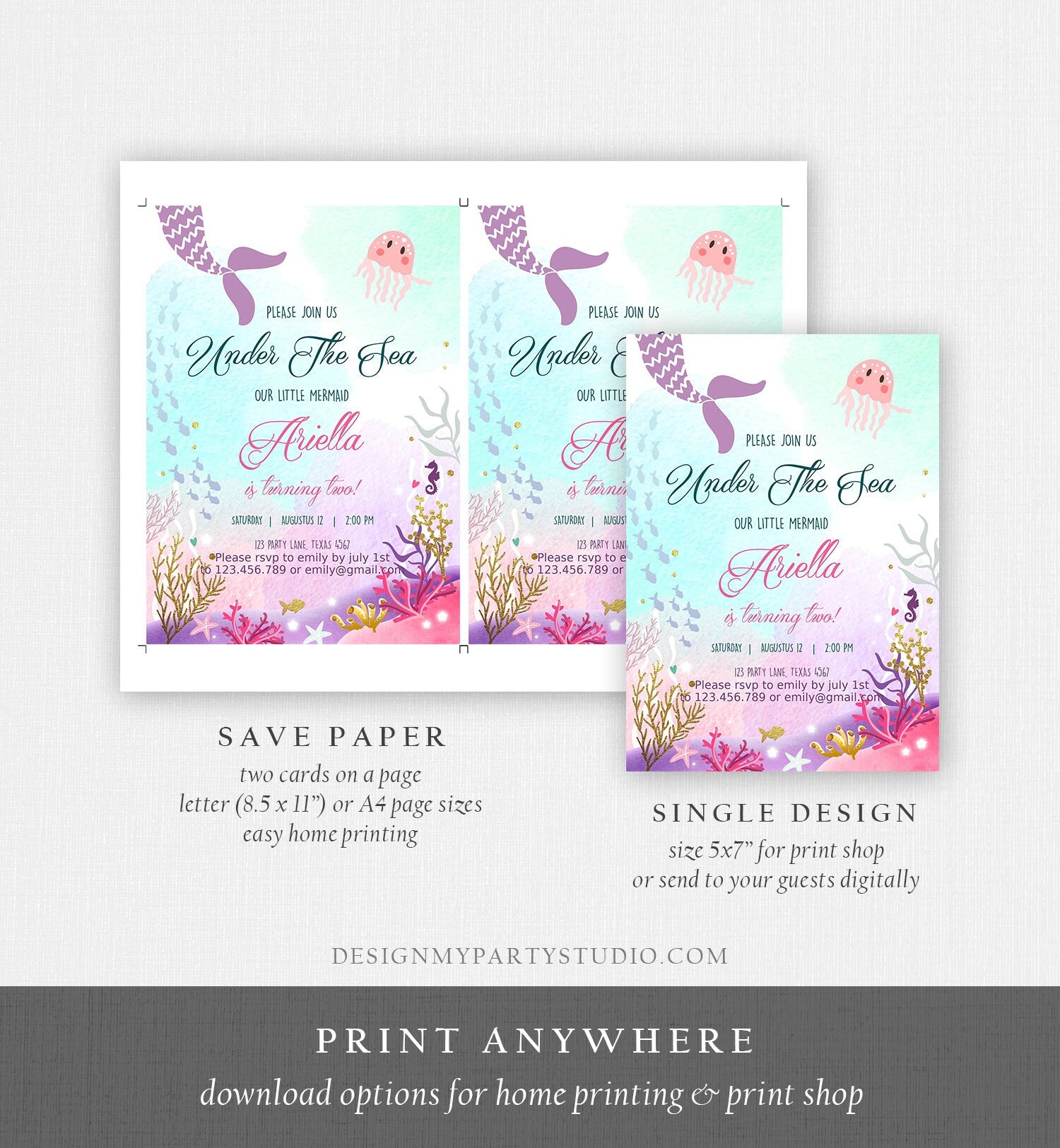 Editable Under The Sea Birthday Invitation First Birthday Mermaid Tail Invite Girl Pink Purple Gold Download Printable Template Corjl 0076