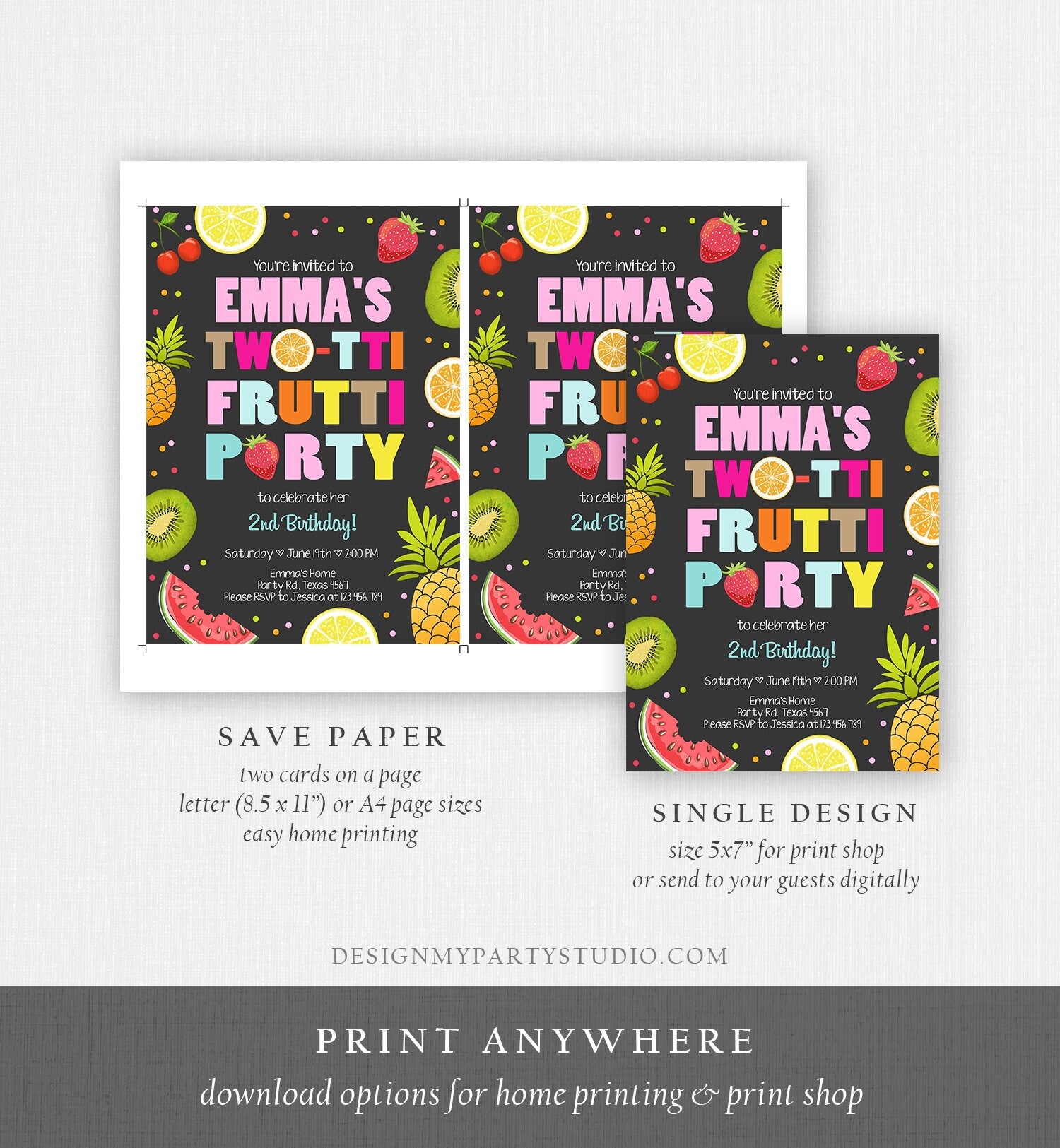 Editable Two-tti Frutti Birthday Invitation Tutti Frutti Party Fruit Tropical Summer Instant Download Printable Template Digital Corjl 0127