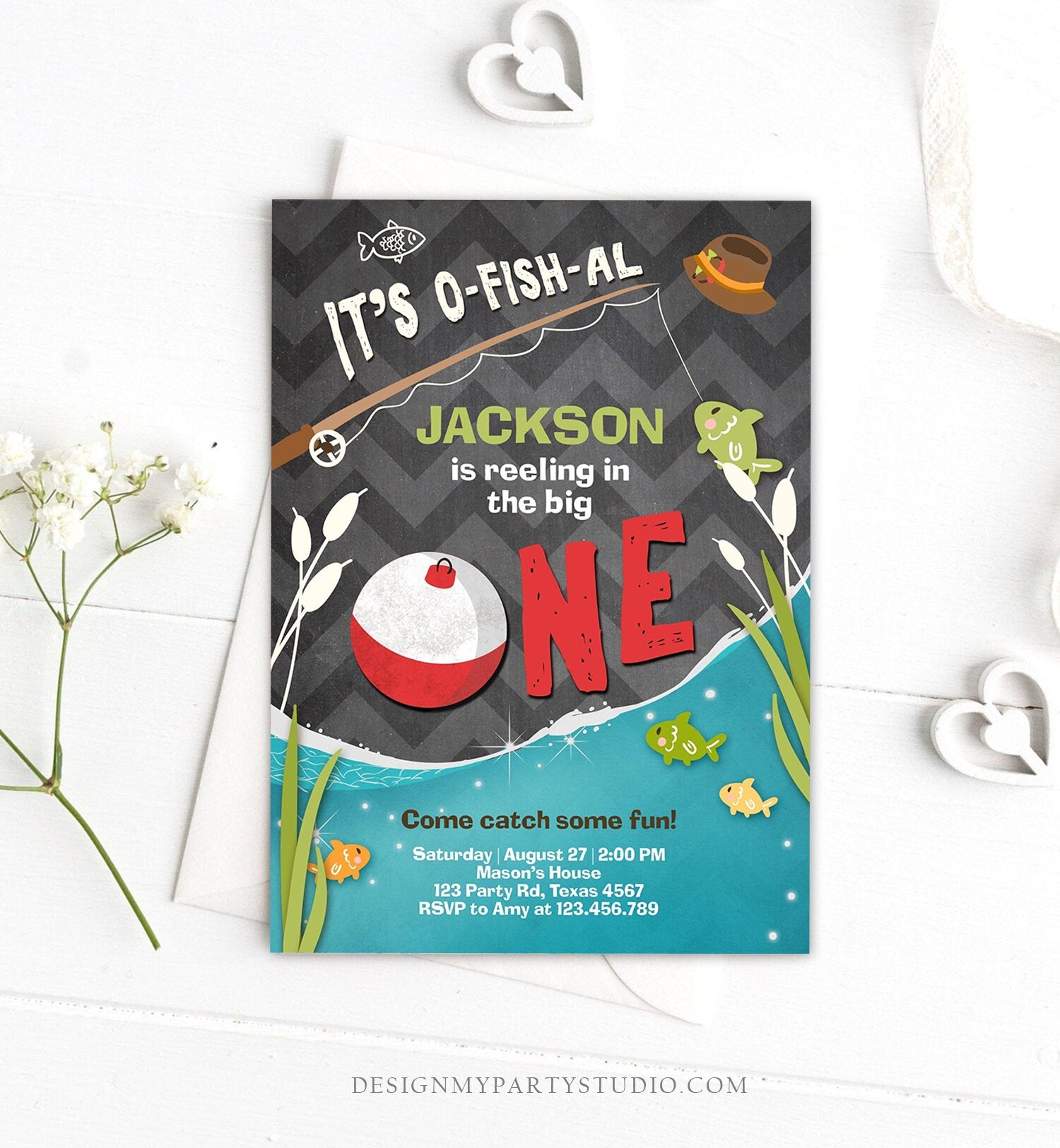 Editable First Birthday Fishing Invitation Fishing Party The Big One O-fish-al Gone Fishing Boy Download Printable Template Corjl 0080