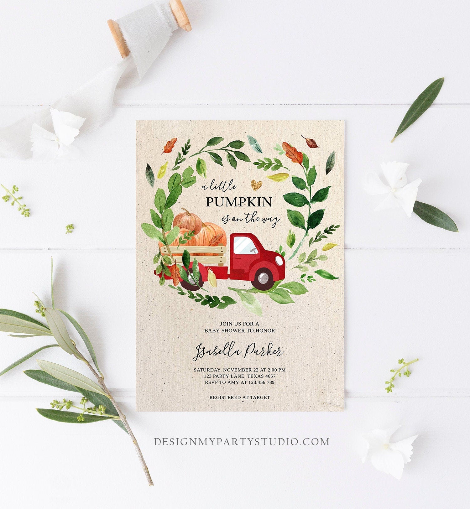 Editable Little Pumpkin Baby Shower Invitation Fall Pumpkin Truck Baby Shower Rustic Gender Neutral Download Printable Digital Corjl 0154