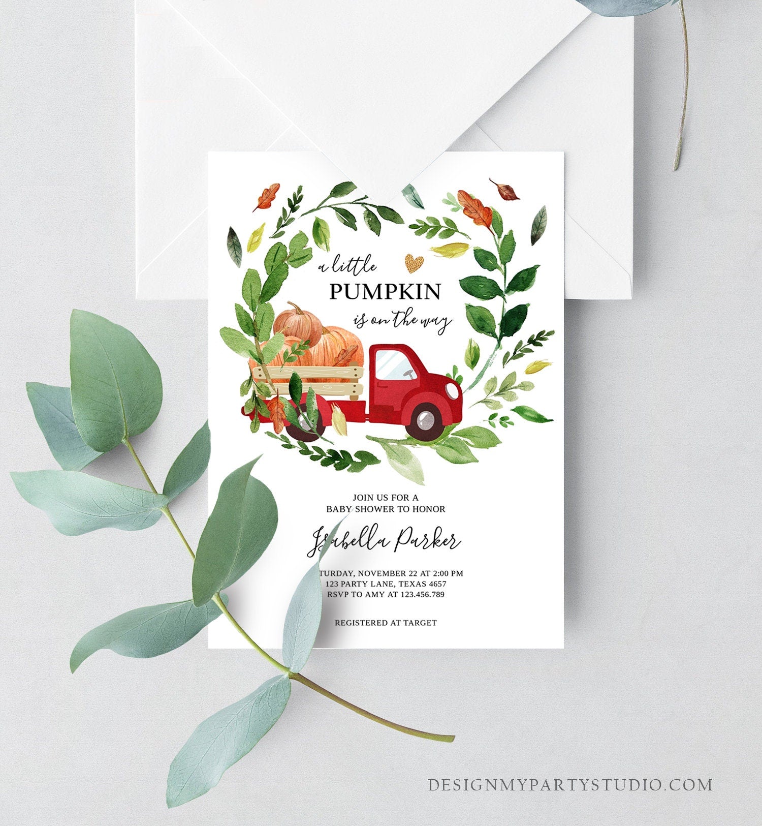 Editable Little Pumpkin Baby Shower Invitation Fall Pumpkin Truck Baby Shower Rustic Gender Neutral Download Printable Digital Corjl 0154