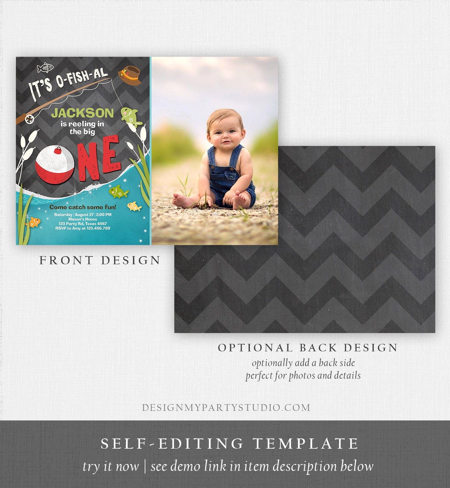 Editable First Birthday Fishing Invitation Fishing Party The Big One O-fish-al Gone Fishing Boy Download Printable Template Corjl 0080