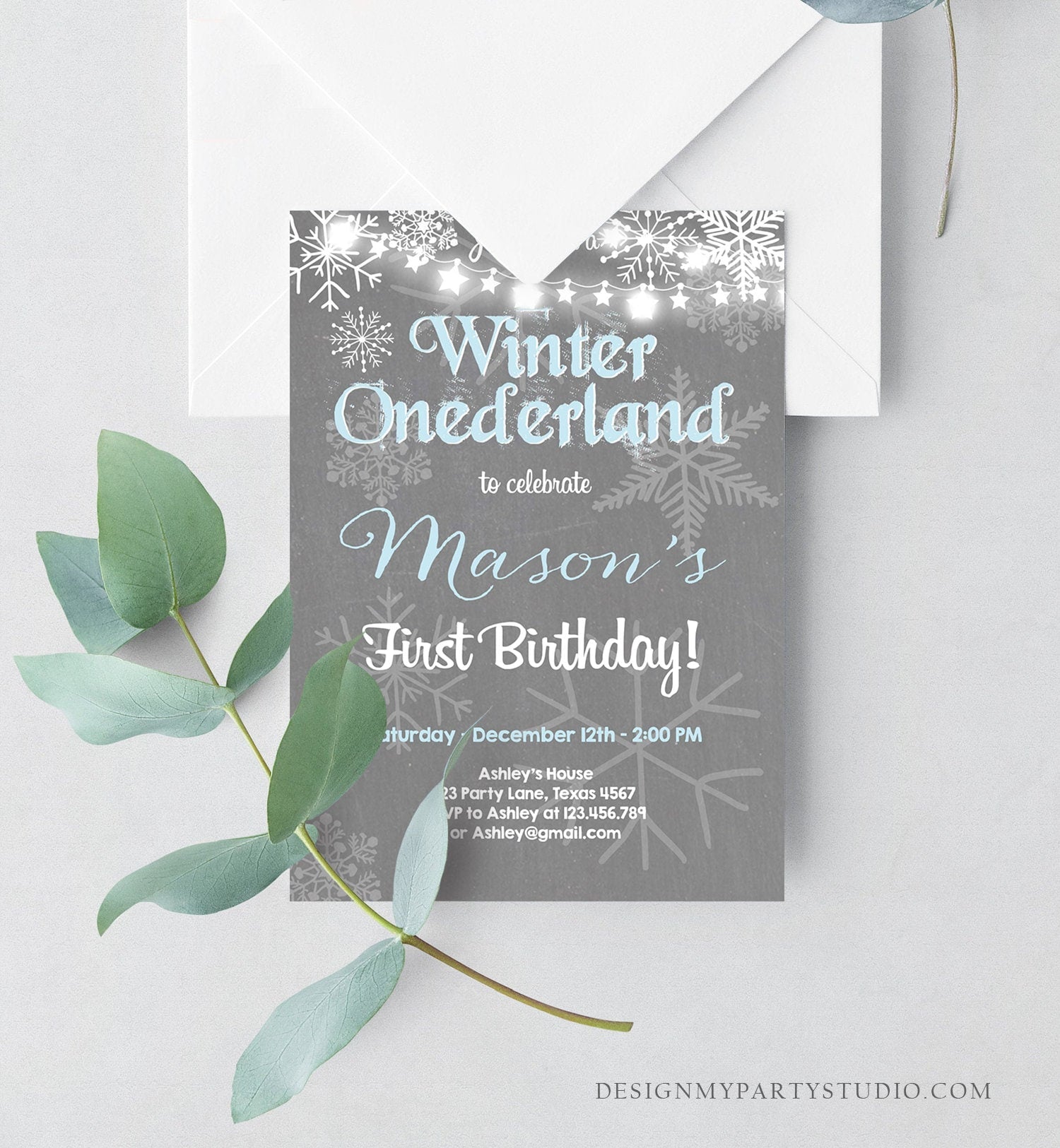 Editable Winter ONEderland Birthday Invitation First Birthday Snowflake Boy Blue Lights Download Printable Invitation Template Corjl 0027