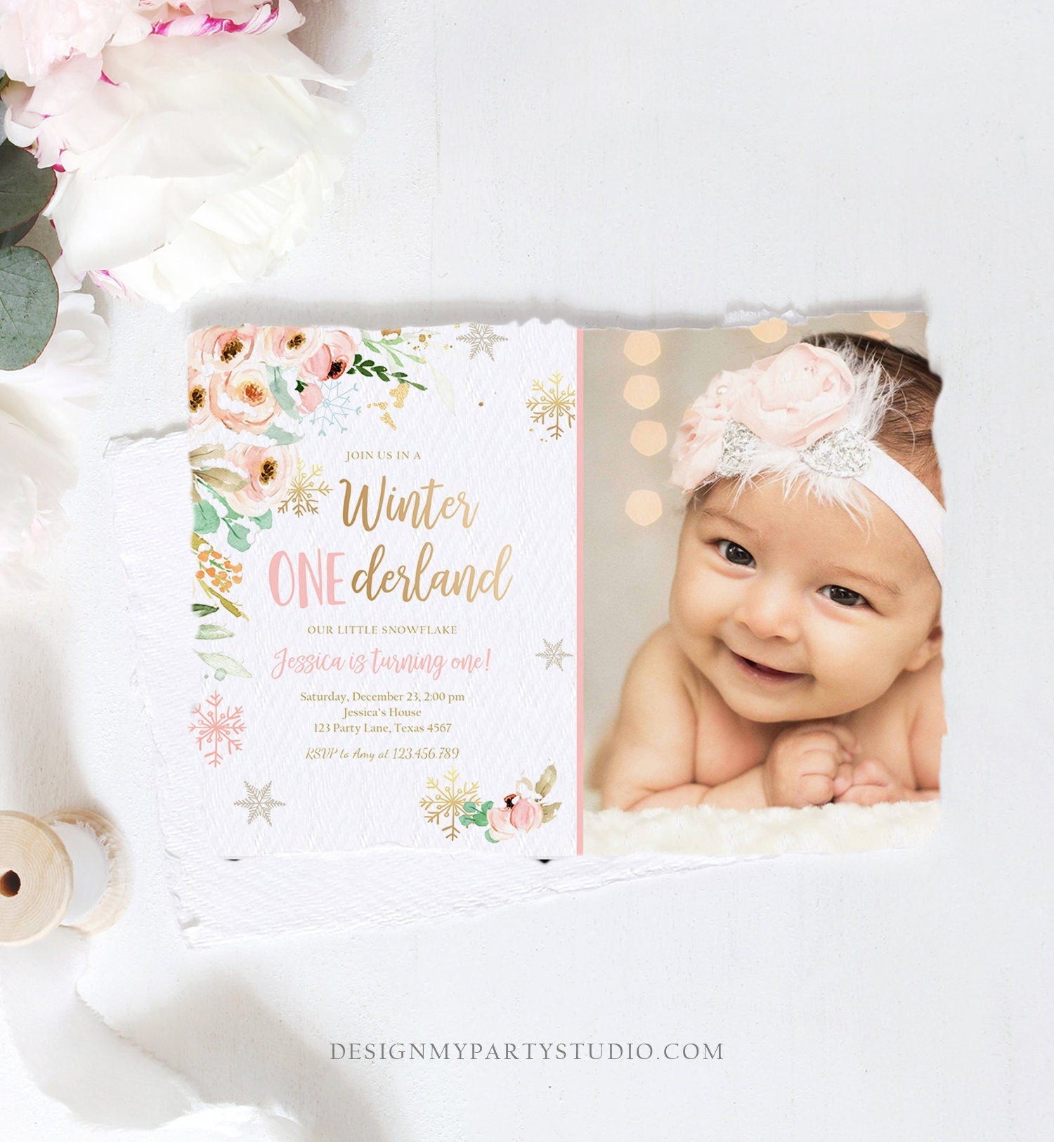 Editable Winter ONEderland Birthday Invitation ANY AGE Floral First Birthday Snowflake Girl Pink Gold Winter Wonderland Corjl Template 0184