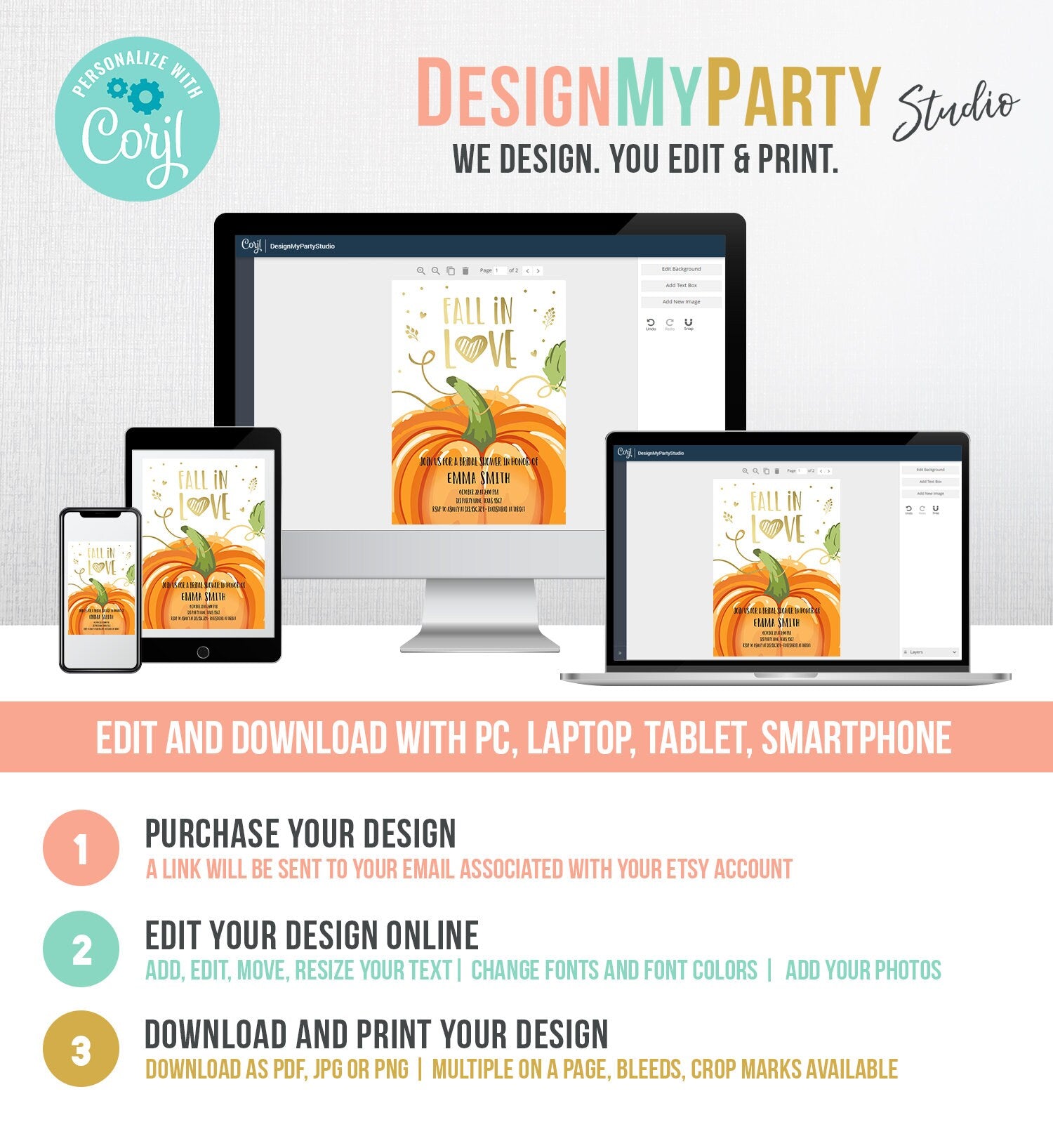 Editable Fall in Love Bridal Shower Invitation Autumn Gold Pumpkin Elegant Fall Baby Shower Instant Download Corjl Template Printable 0175