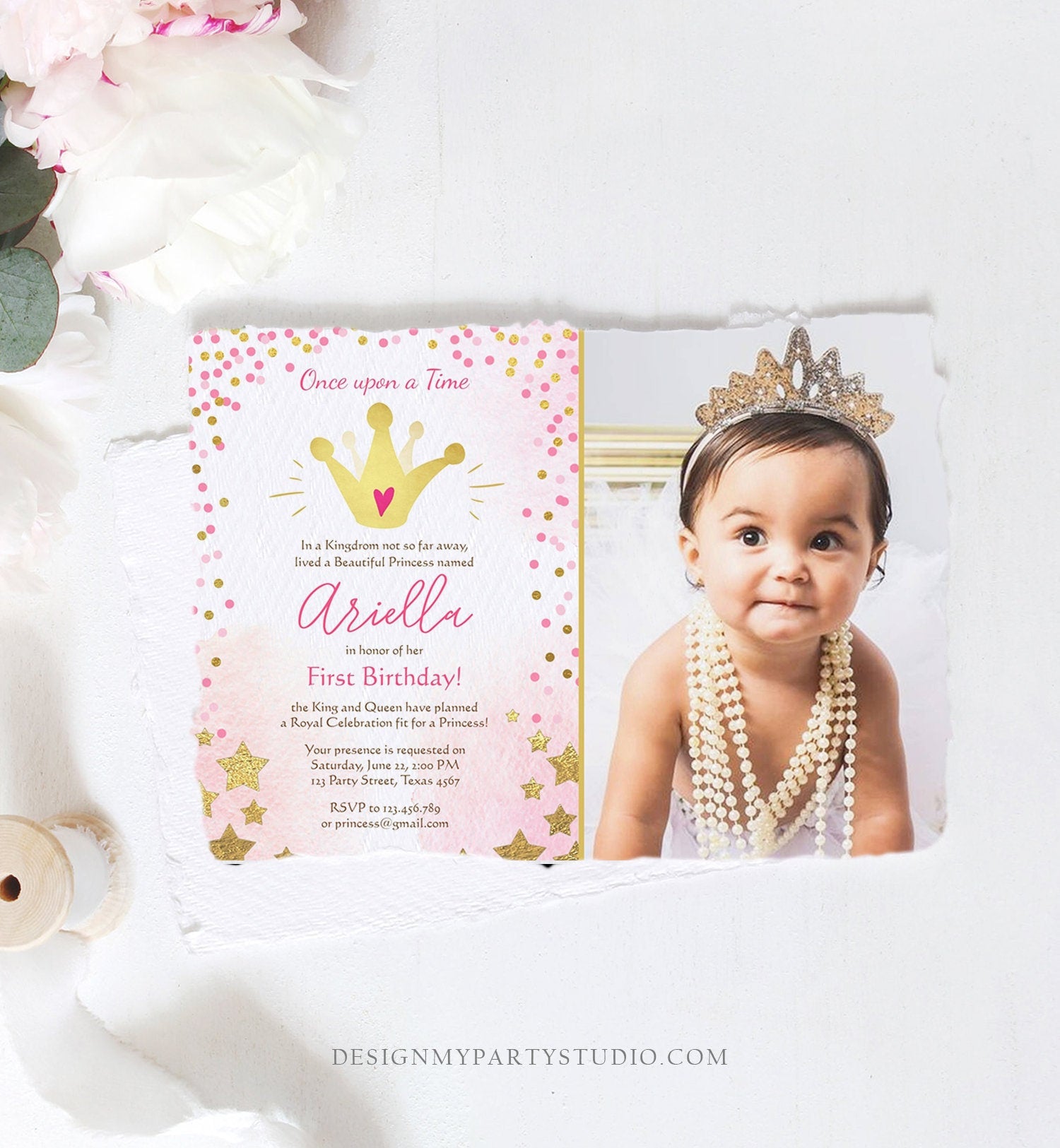 Editable Princesses Birthday Invitation Pink Gold Glitter Confetti Crown Princess First Birthday 1st Download Corjl Template Printable 0232