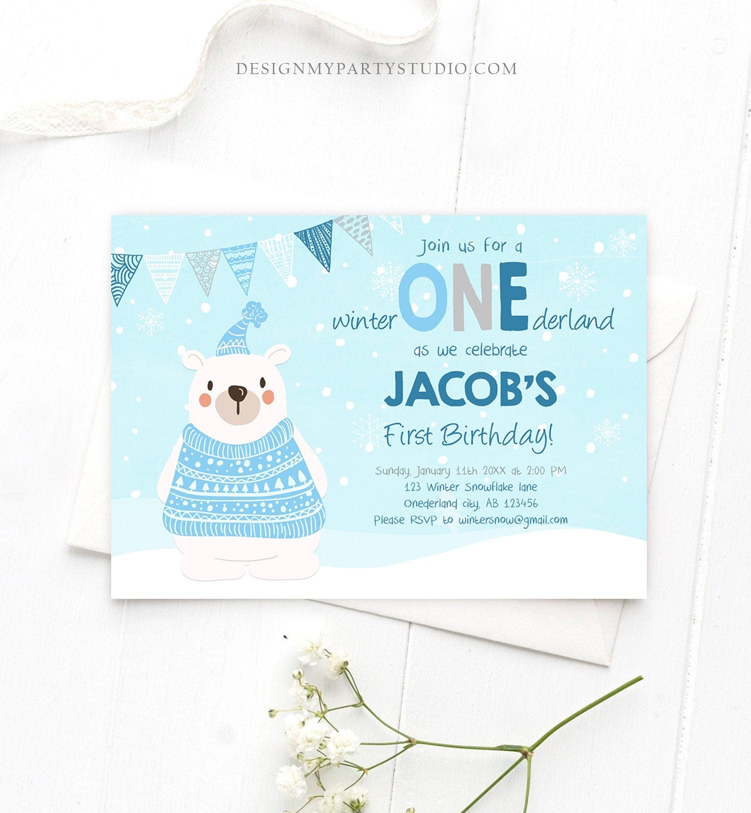 Editable Winter ONEderland Birthday Invitation 1st Birthday Boy Girl Polar Bear Blue Woodland Download Printable Invite Template Corjl 0022