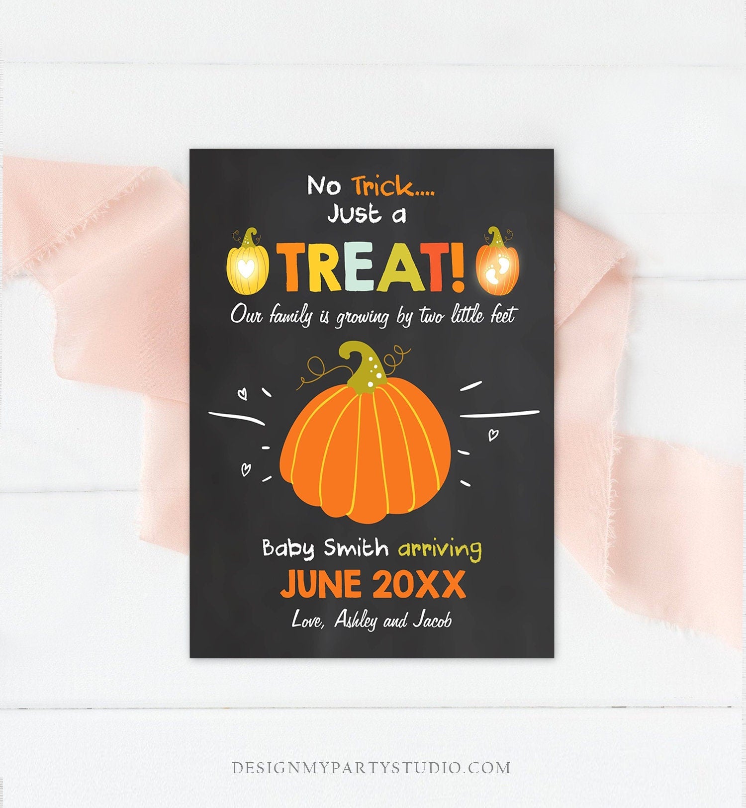Editable Pumpkin Pregnancy Announcement Halloween Trick or Treat Little Feet Thanksgiving Fall Autumn Download Corjl Template Printable 0312