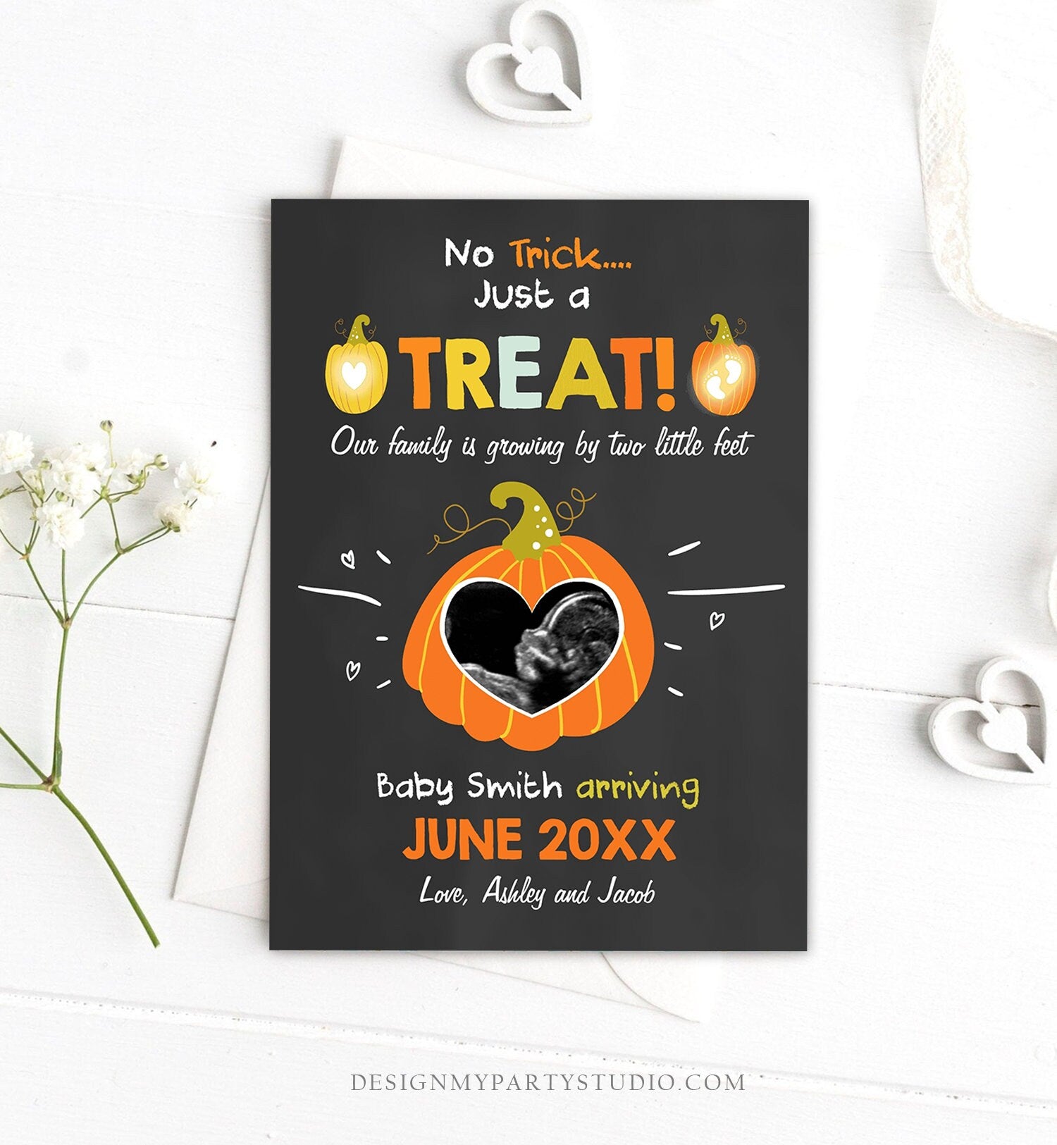 Editable Pumpkin Pregnancy Announcement Ultrasound Echo Halloween Trick or Treat Little Feet Thanksgiving Fall Autumn Corjl Template 0312