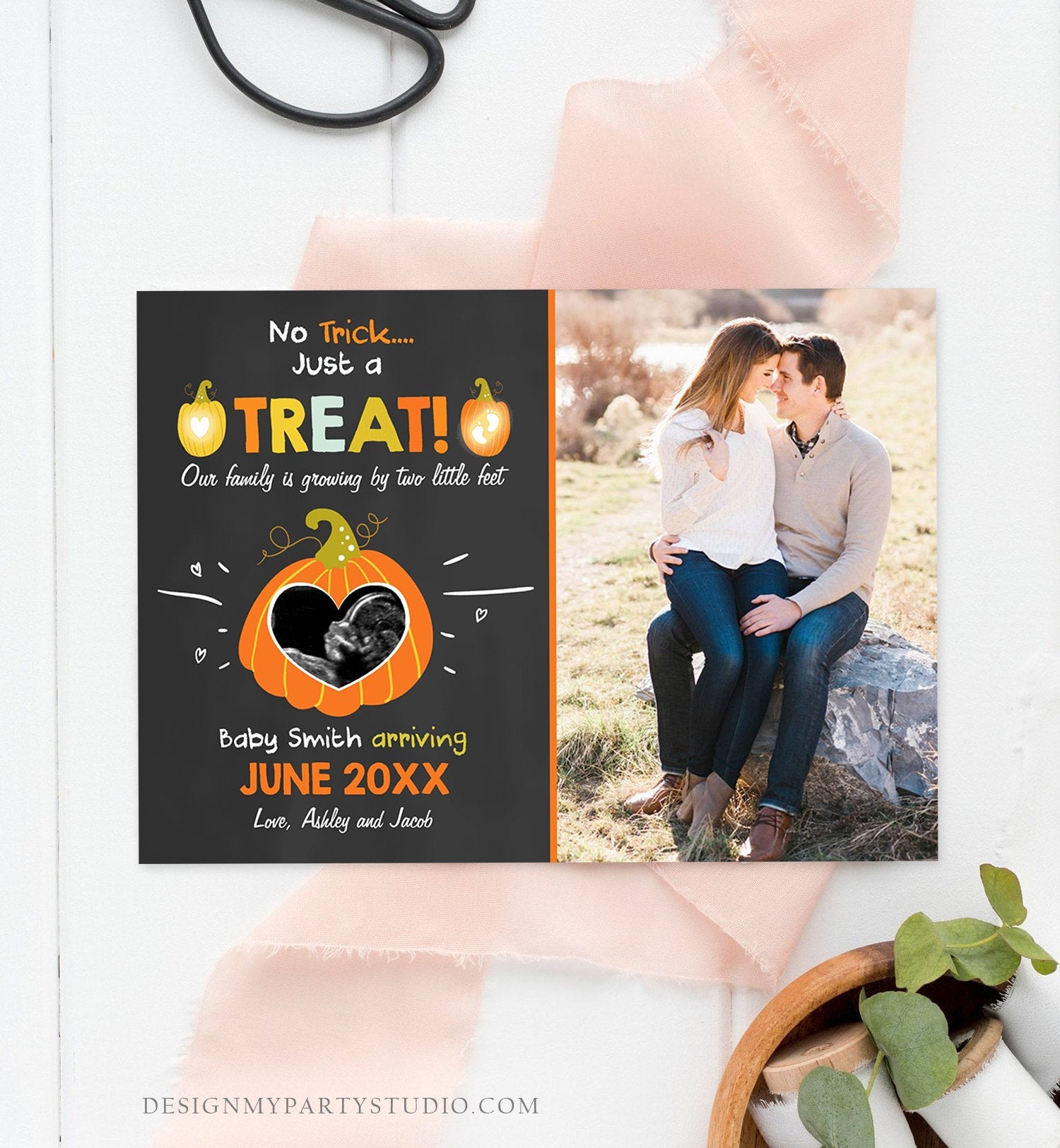 Editable Pumpkin Pregnancy Announcement Halloween Trick or Treat Little Feet Thanksgiving Fall Autumn Ultrasound Photo Corjl Template 0312