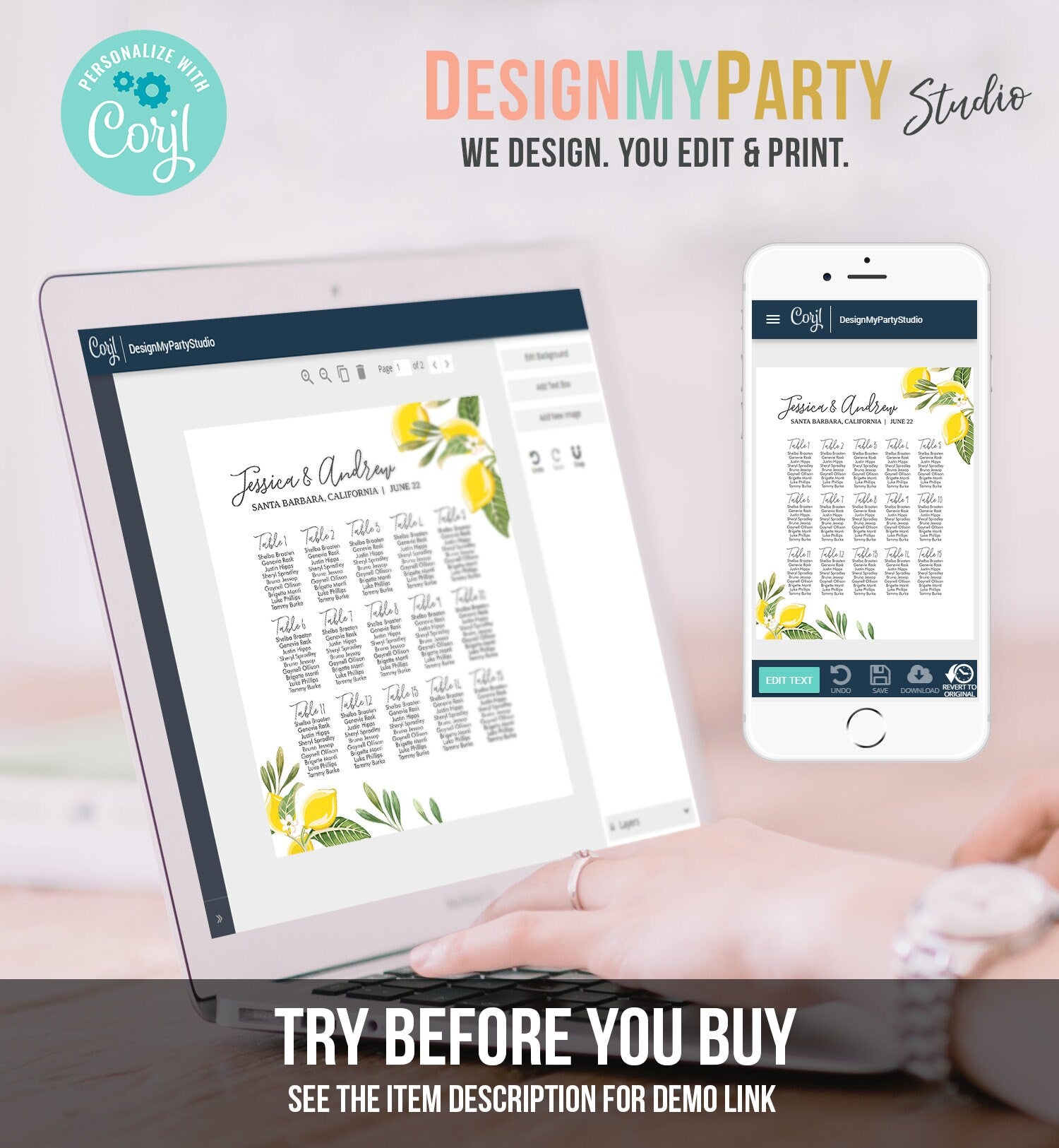 Editable Lemon Seating Chart Sign Wedding Seating Table Sign Greenery Bridal Shower Italian Table Lemonade Corjl Template Printable 0220