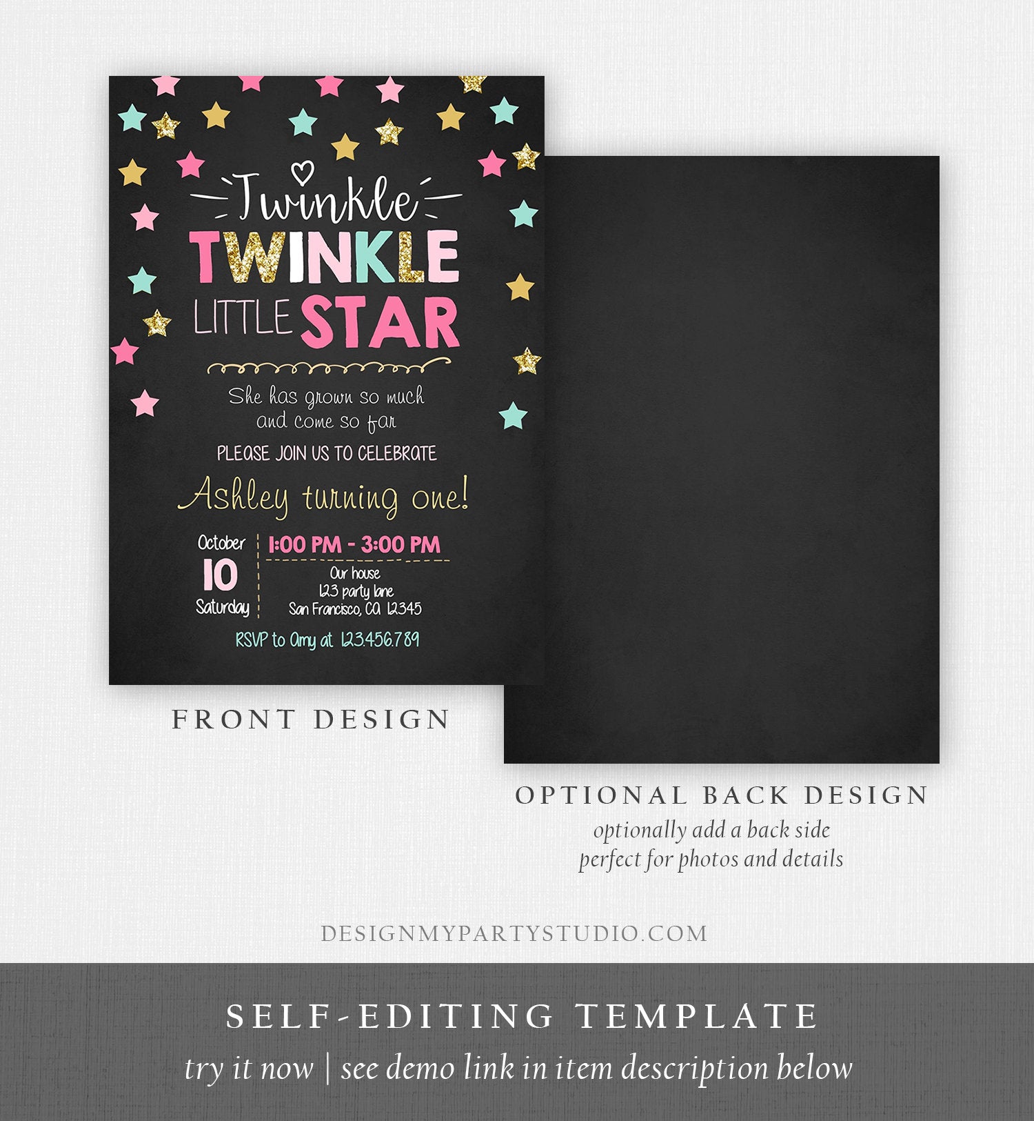 Editable Twinkle Little Star Birthday Invitation Pink Blue Mint Gold Girl First Birthday Chalk Stars Download Corjl Template Printable 0028