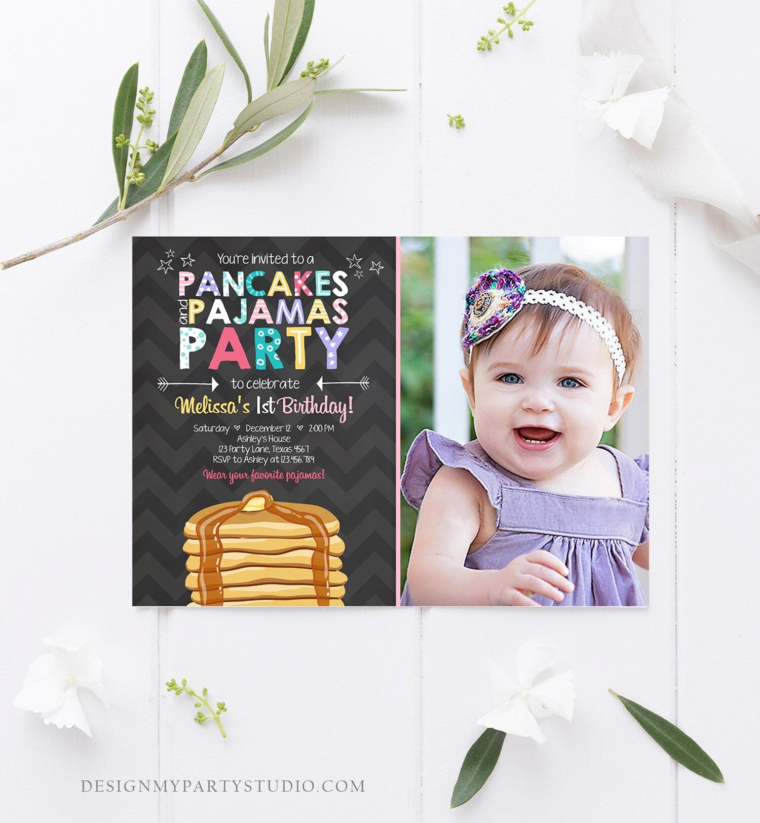 Editable Pancakes and Pajamas Birthday Invitation Girl Birthday Sleepover Pajama PJ Party Pink Photo Download Corjl Template Printable 0313