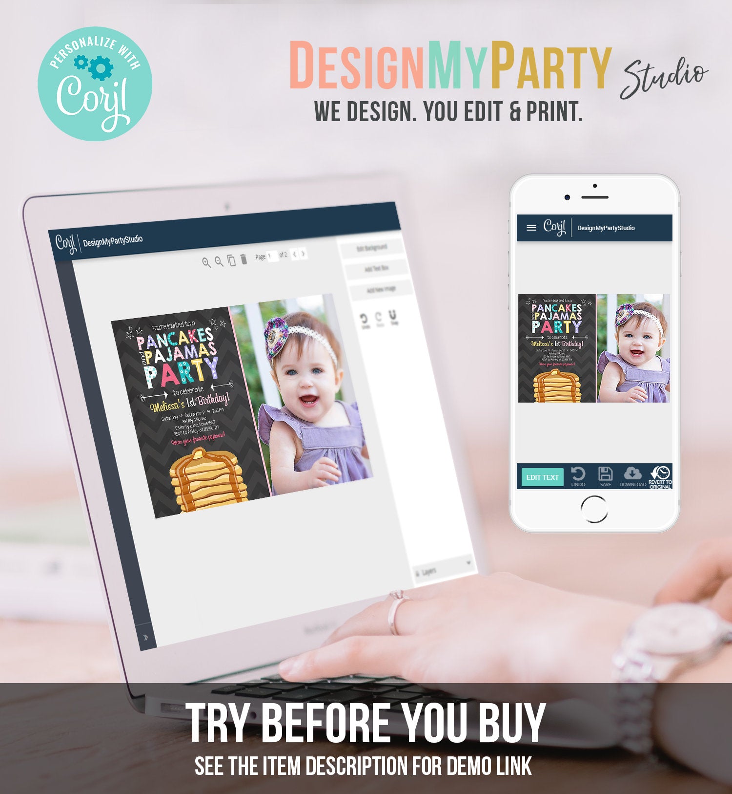 Editable Pancakes and Pajamas Birthday Invitation Girl Birthday Sleepover Pajama PJ Party Pink Photo Download Corjl Template Printable 0313