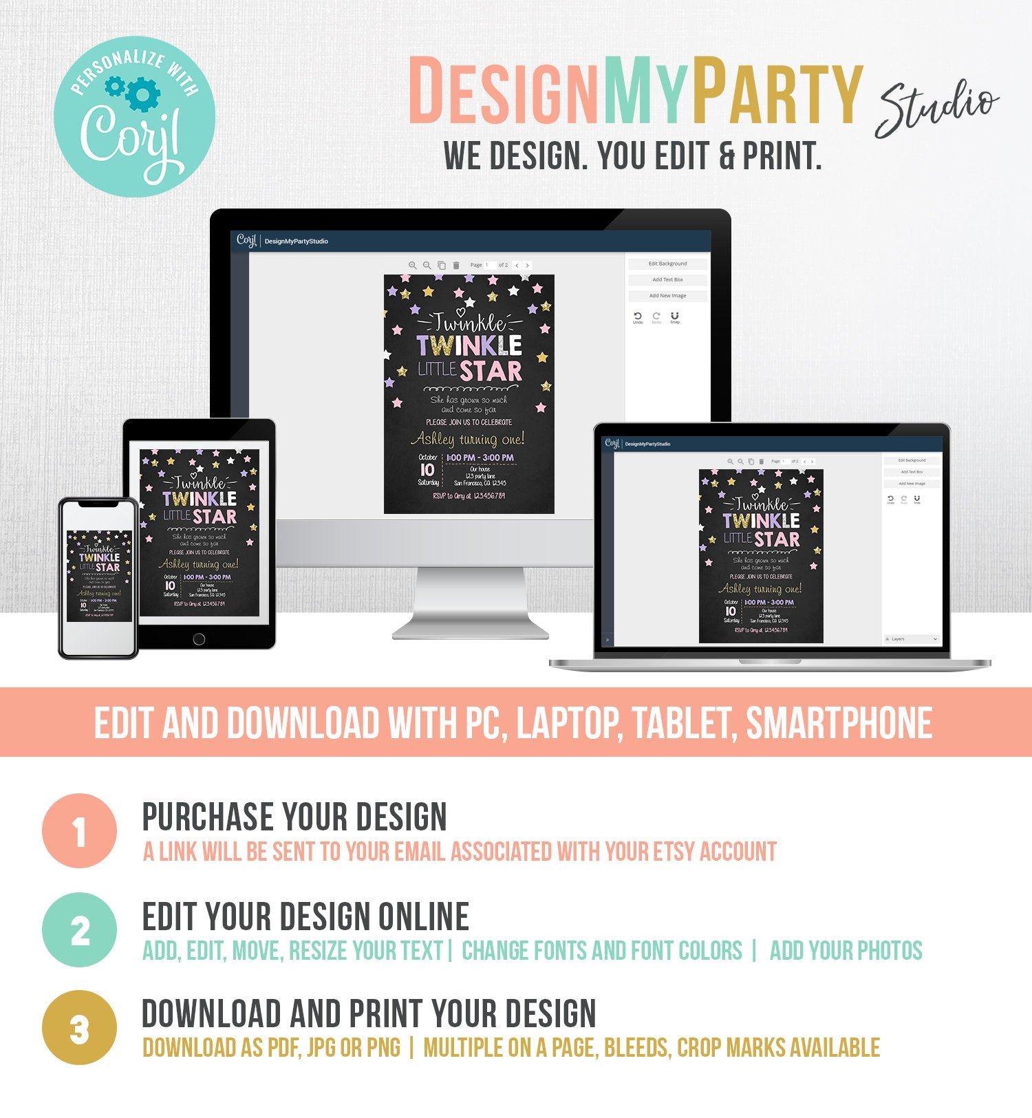 Editable Twinkle Little Star Birthday Invitation Pink Purple Gold Silver Girl First Birthday Chalk Stars Corjl Template Printable 0028