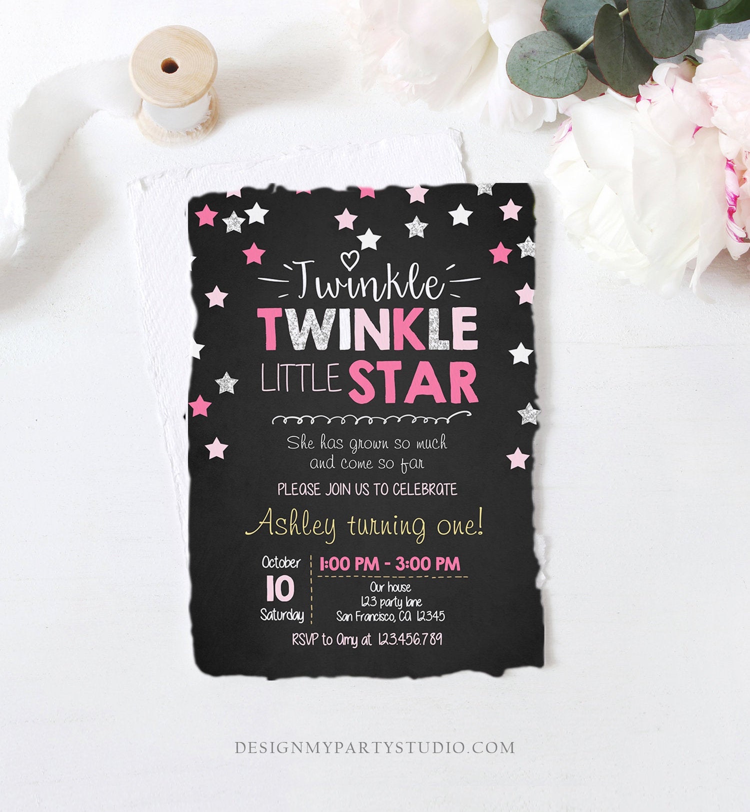 Editable Twinkle Little Star Birthday Invitation Pink Purple Silver Girl First Birthday Chalk Stars Download Corjl Template Printable 0028